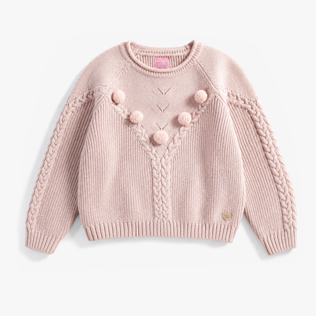 Chandail rose en tricot à pompons et torsades, enfant fille - Souris Mini