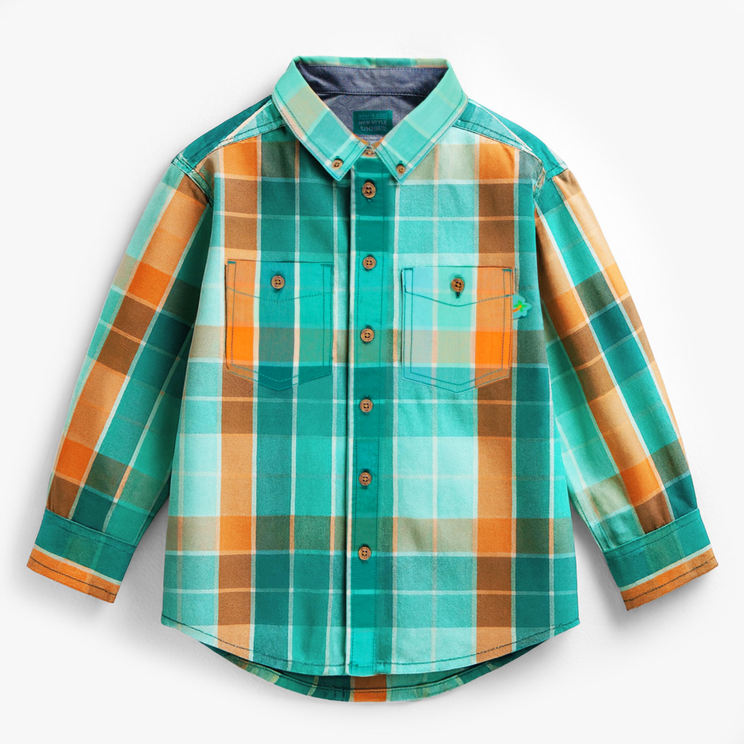Chemise turquoise et orange à carreaux, enfant - Souris Mini