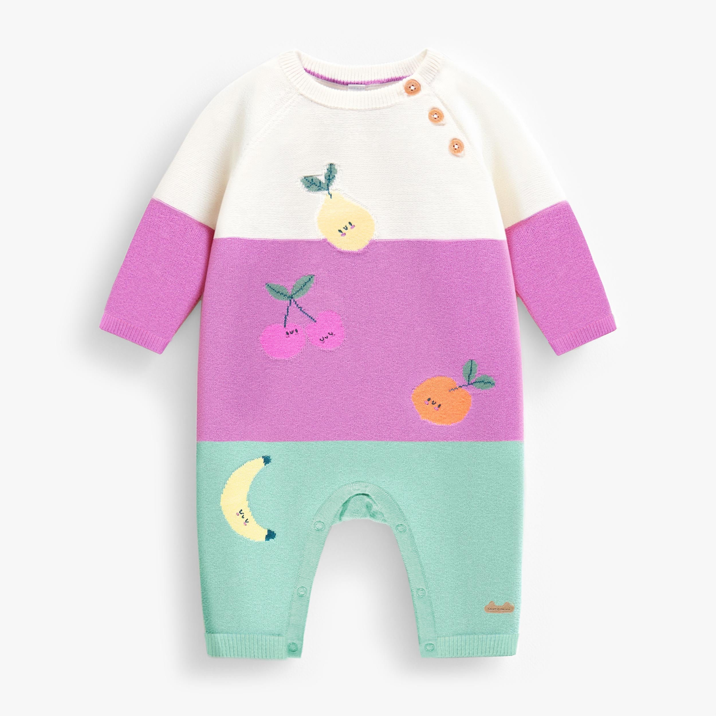 Combinaison crème, mauve et turquoise en tricot avec motifs fruités, naissance - Souris Mini