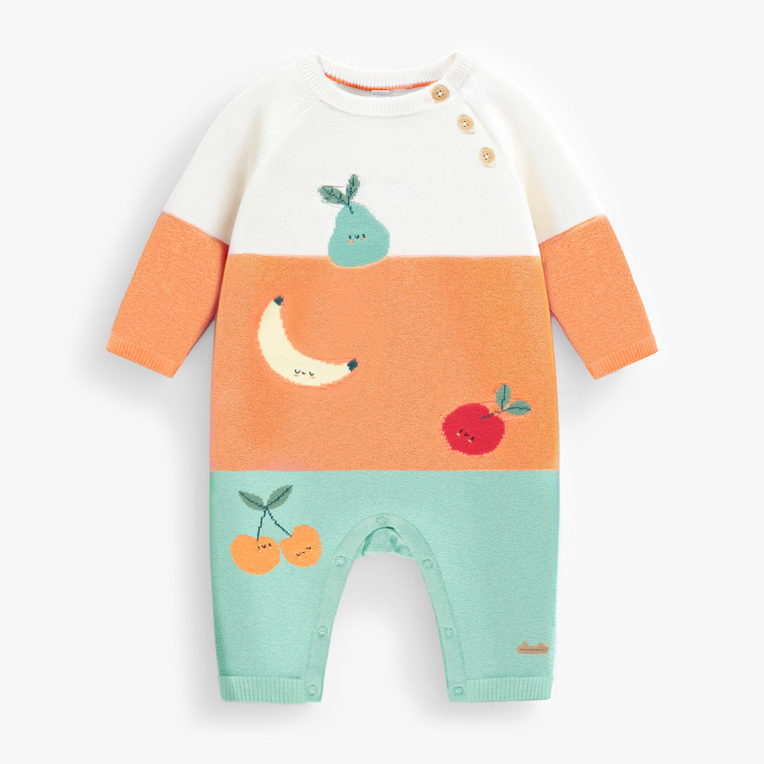 Combinaison crème, orange et turquoise en tricot avec motifs fruités, naissance - Souris Mini