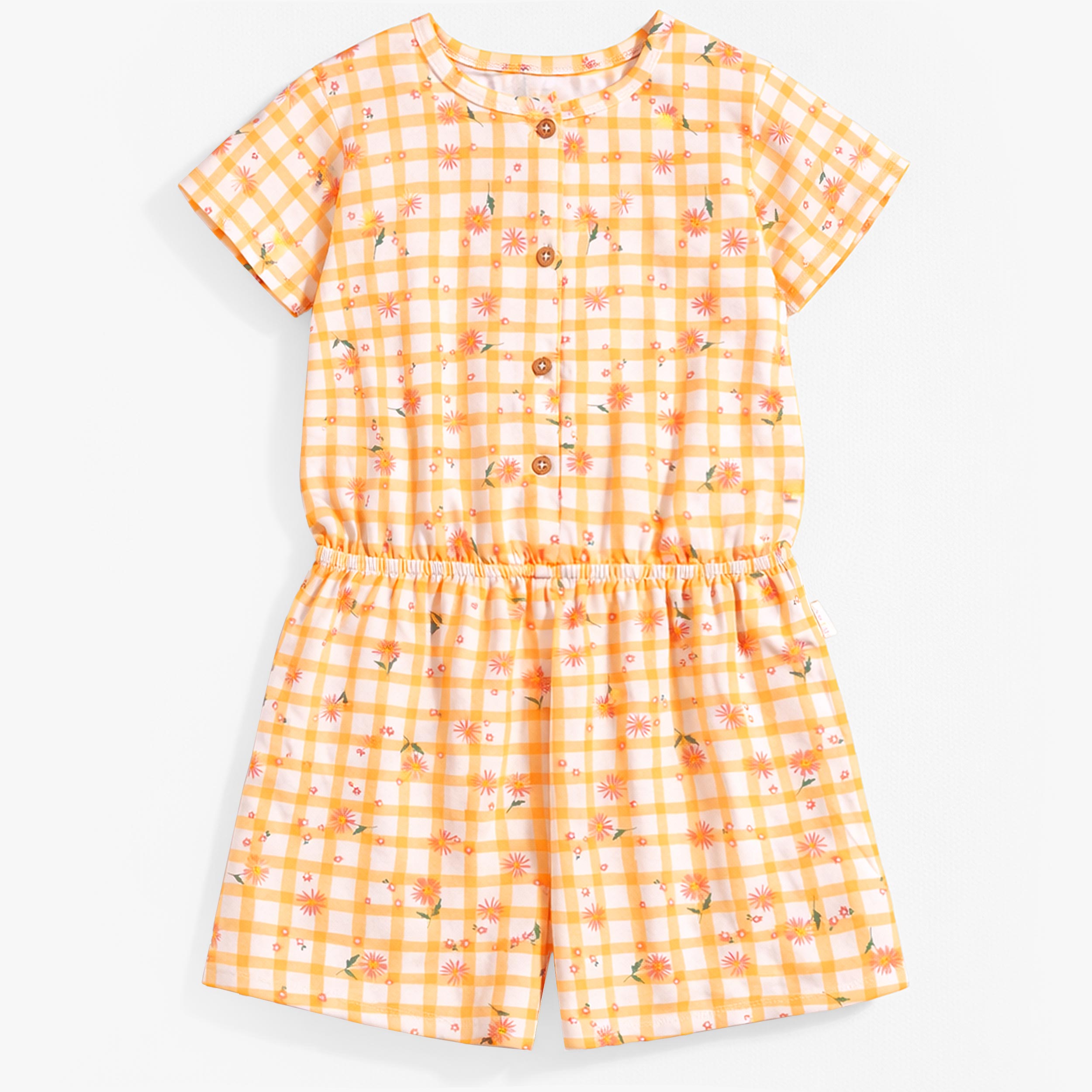 Combishort jaune et blanc à motifs de carreaux et fleurs, enfant - Souris Mini