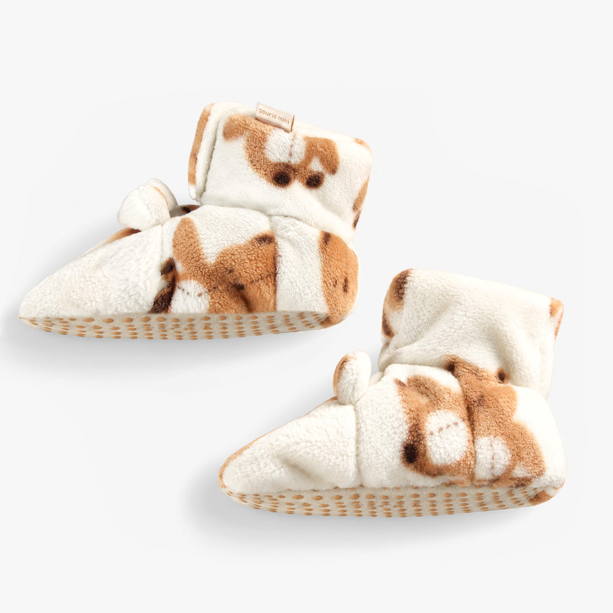 Côté des pantoufles crème en peluche à motif d’ourson, enfant - Souris Mini