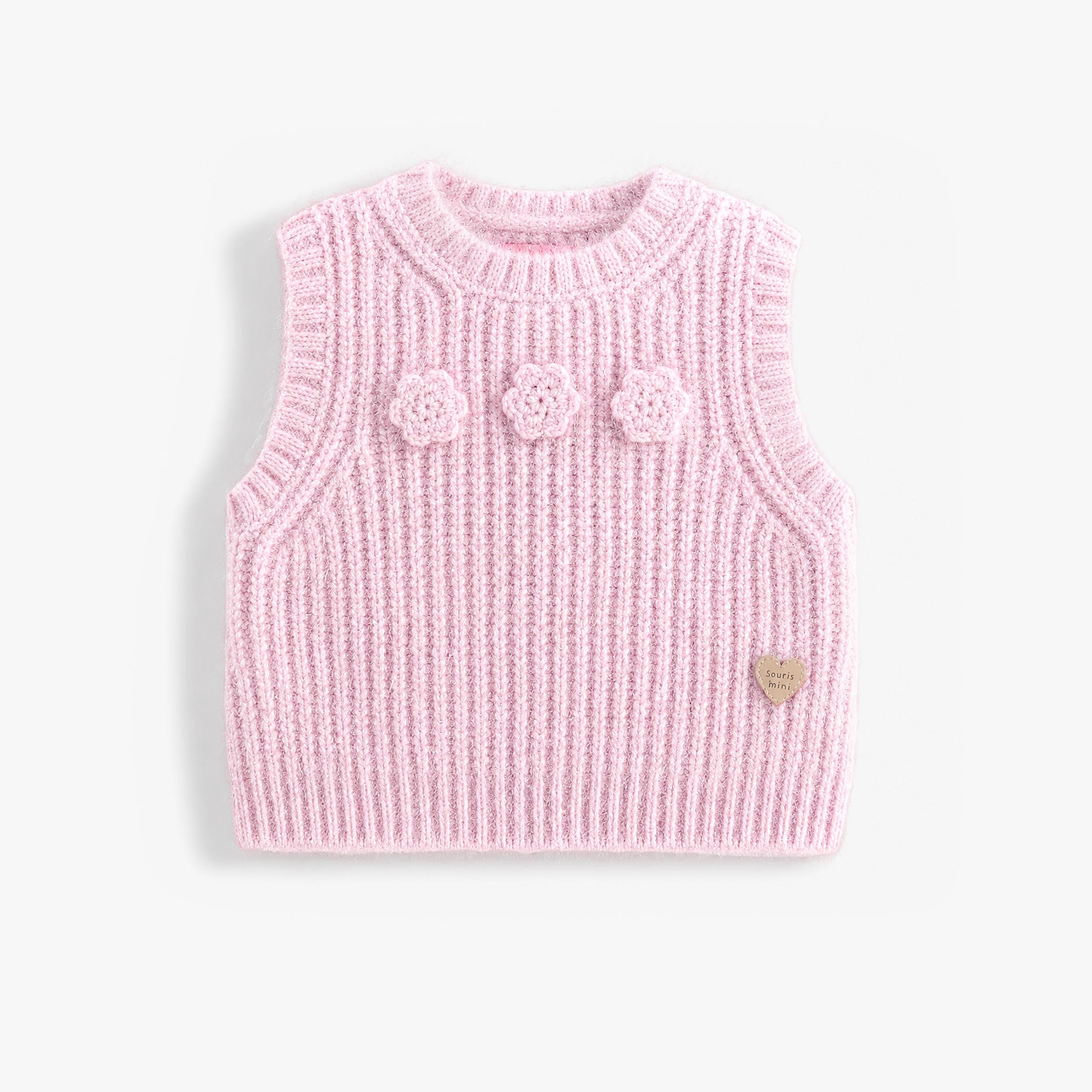 Débardeur en tricot rose pour fille avec texture côtelée et fleurs appliquées. Une pièce douce et tendance à superposer en toute saison. - Souris Mini