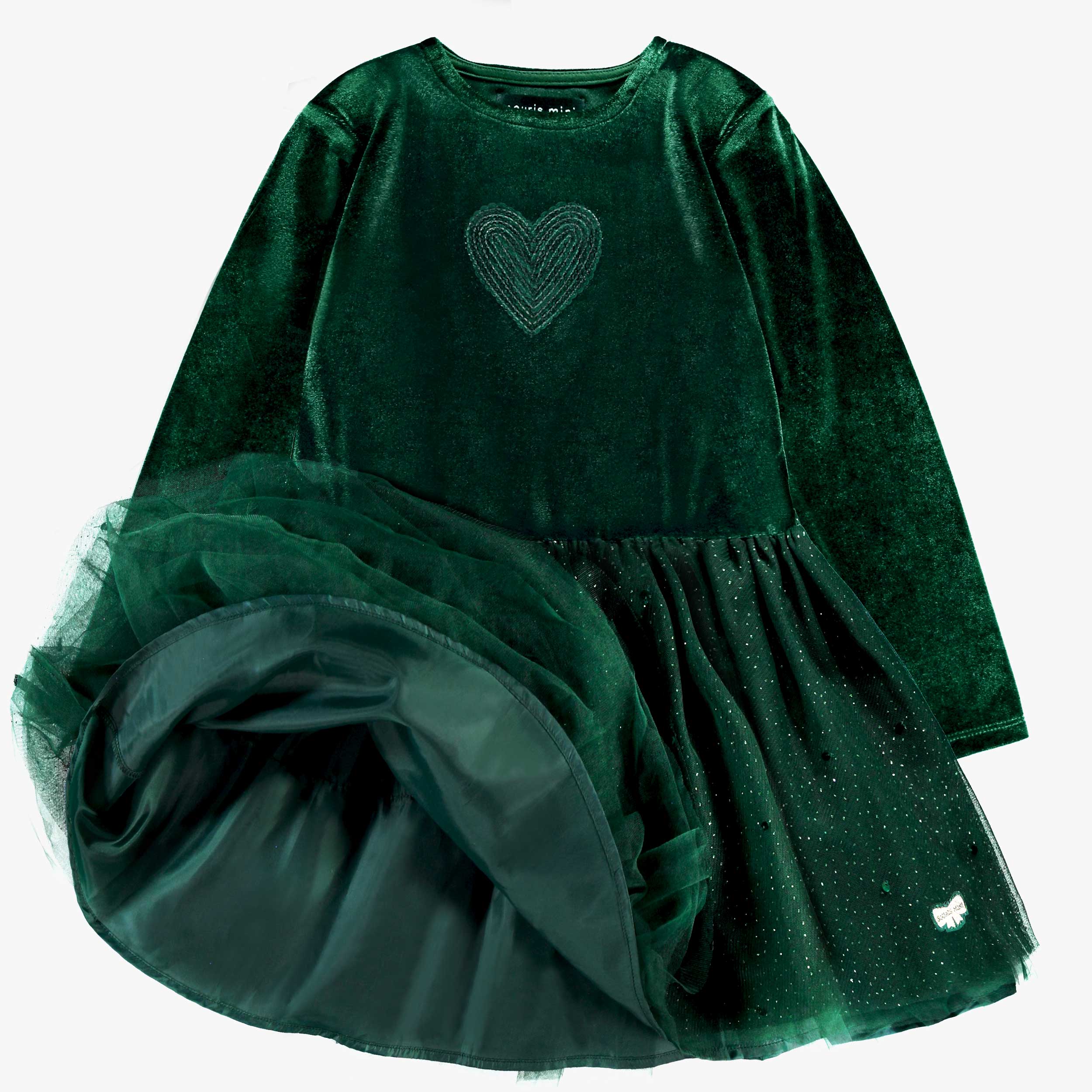 Détails de la robe verte en velours et paillettes, enfant
