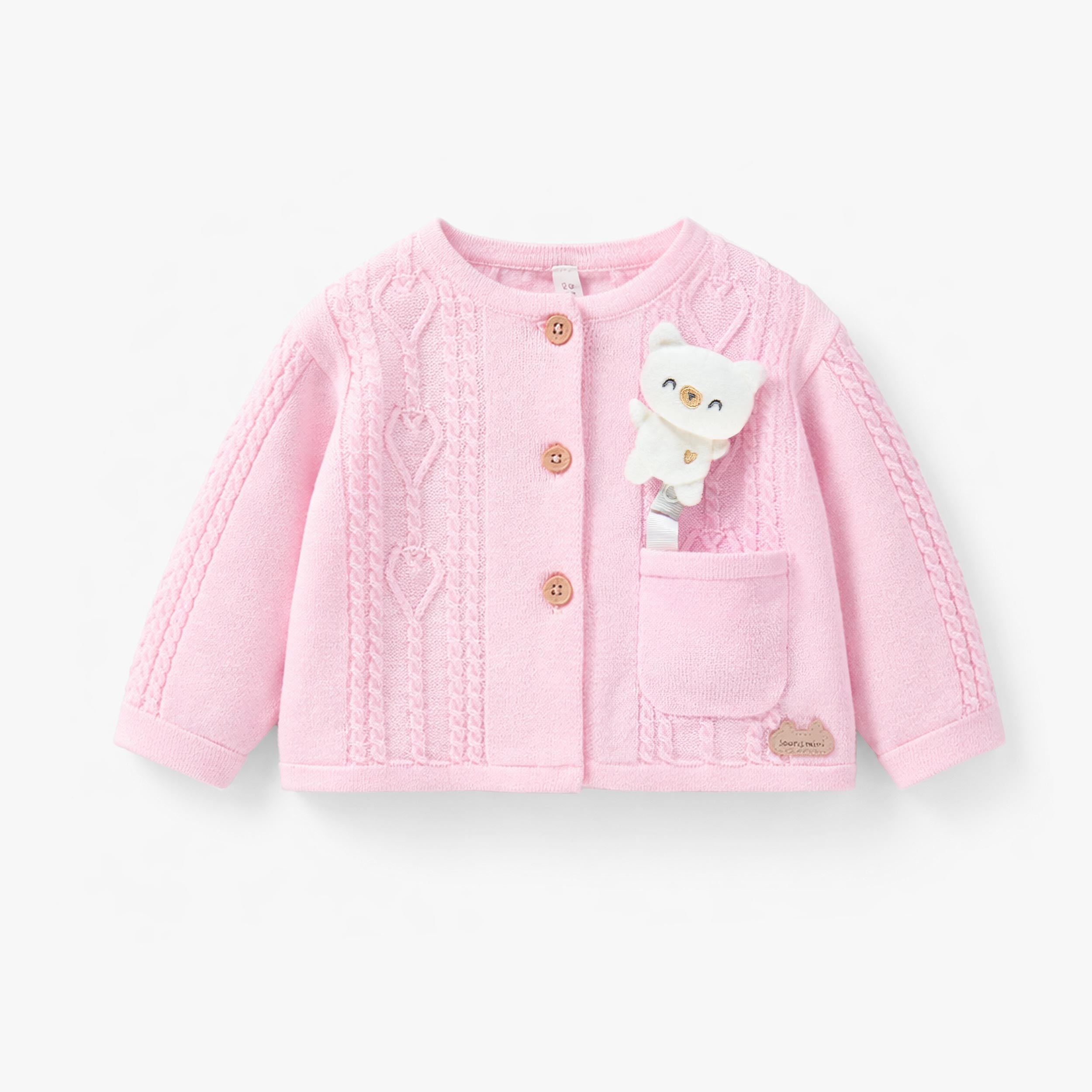 Détails toutou poche du cardigan rose en tricot, naissance 