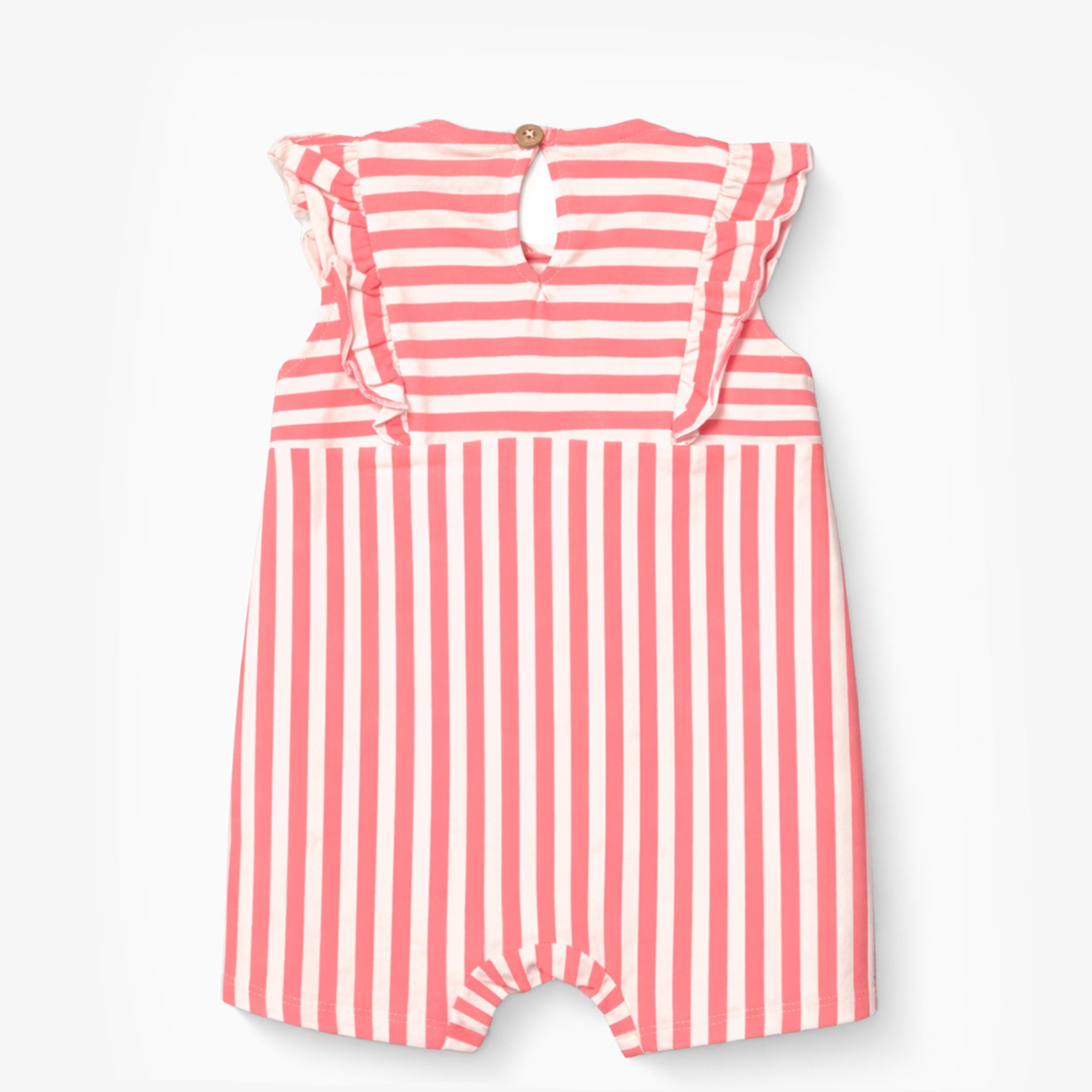 Dos de la barboteuse rose et crème à rayures, bébé 