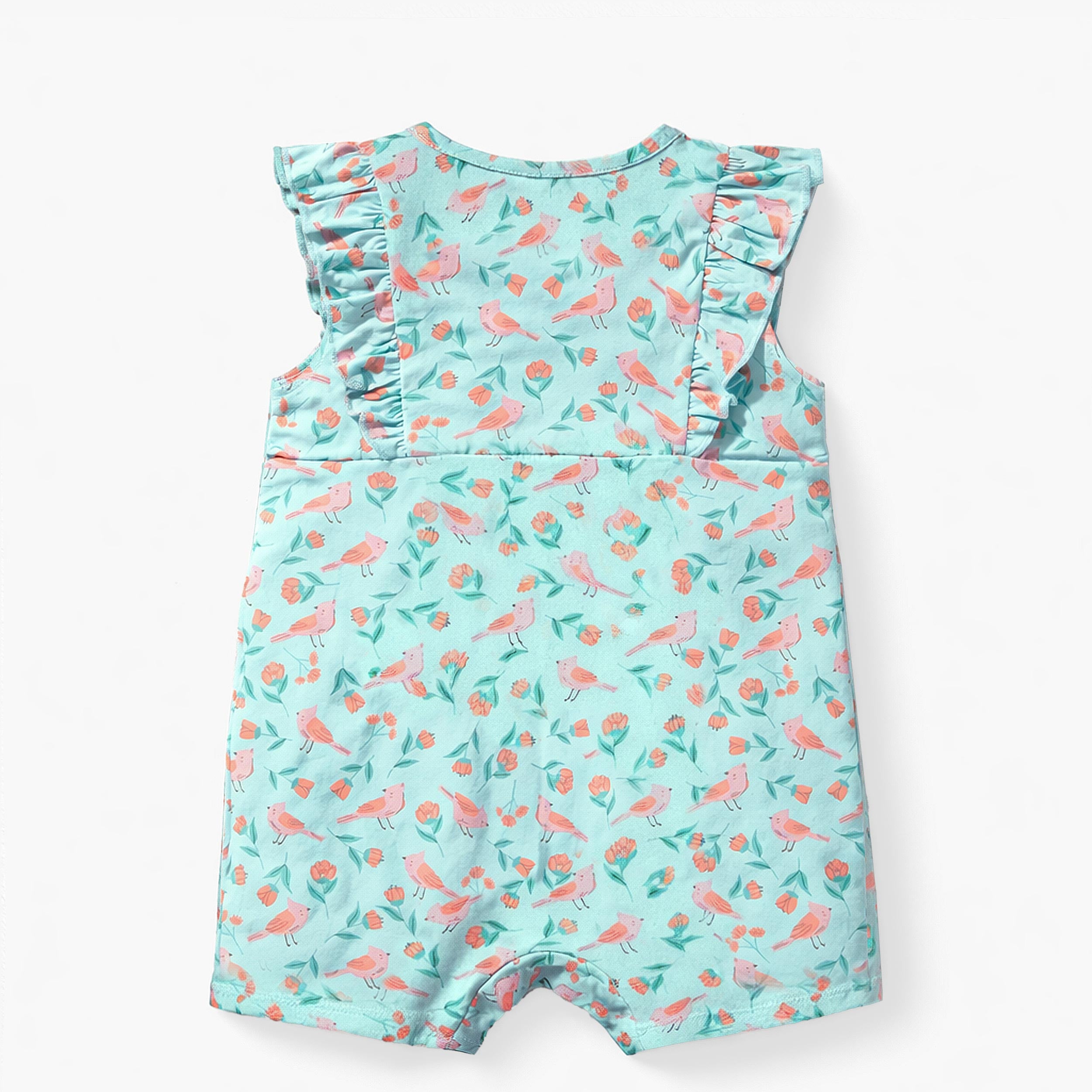 Dos de la barboteuse turquoise à motifs de fleurs et d’oiseaux, bébé 