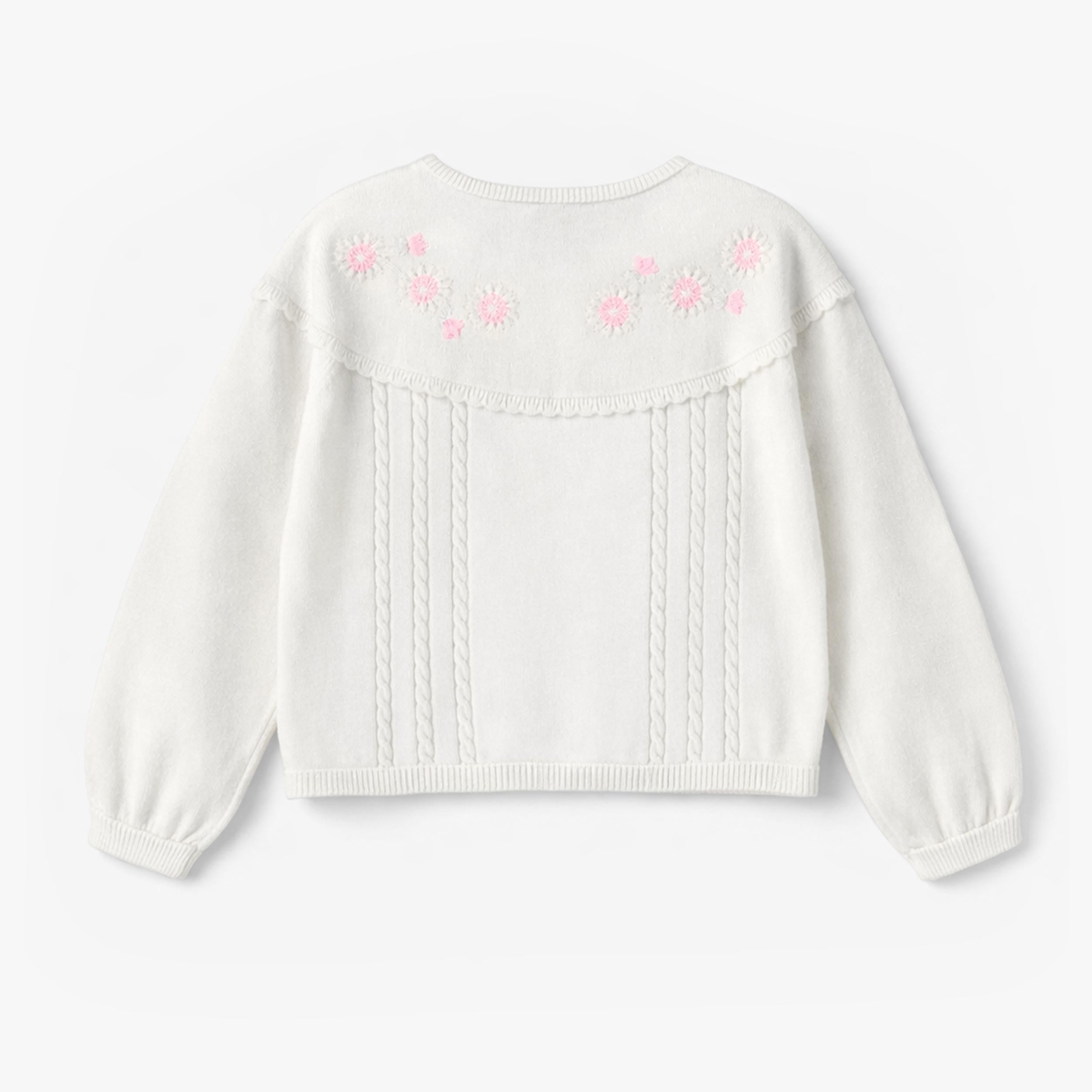 Dos du cardigan blanc en tricot avec broderies de fleurs, enfant 