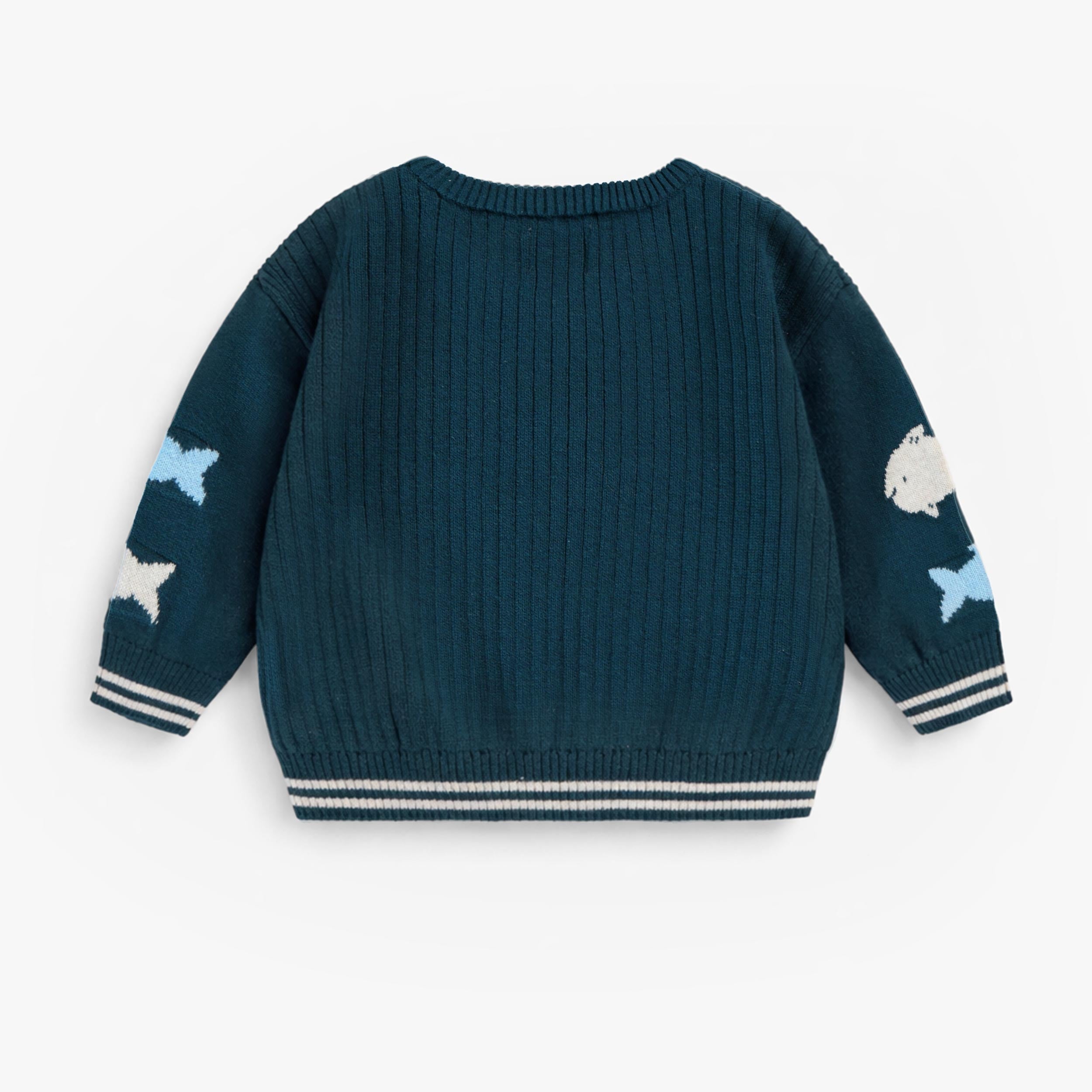 Dos du chandail bleu en tricot avec poissons, bébé
