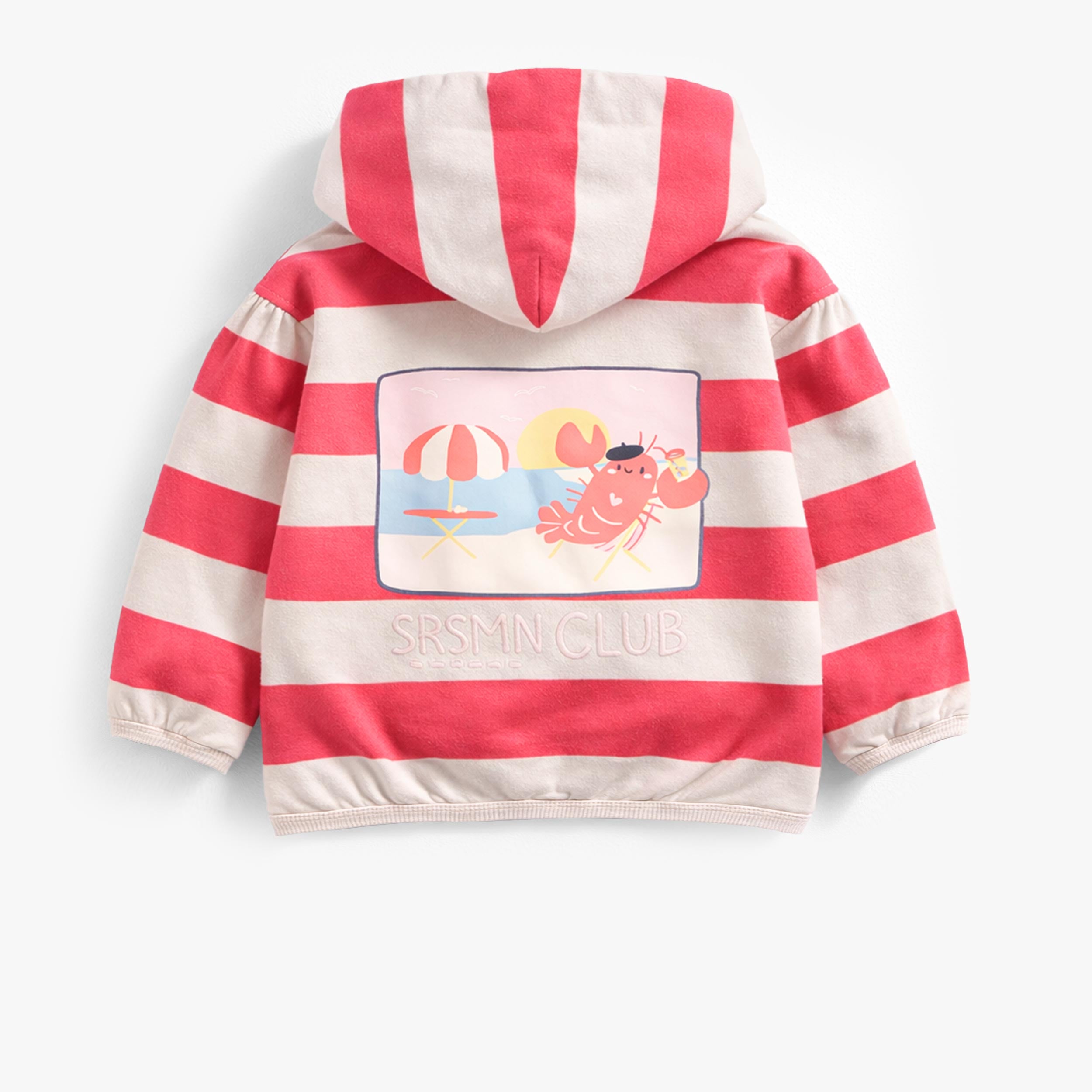 Dos du chandail à capuchon beige avec rayures rouges, bébé 