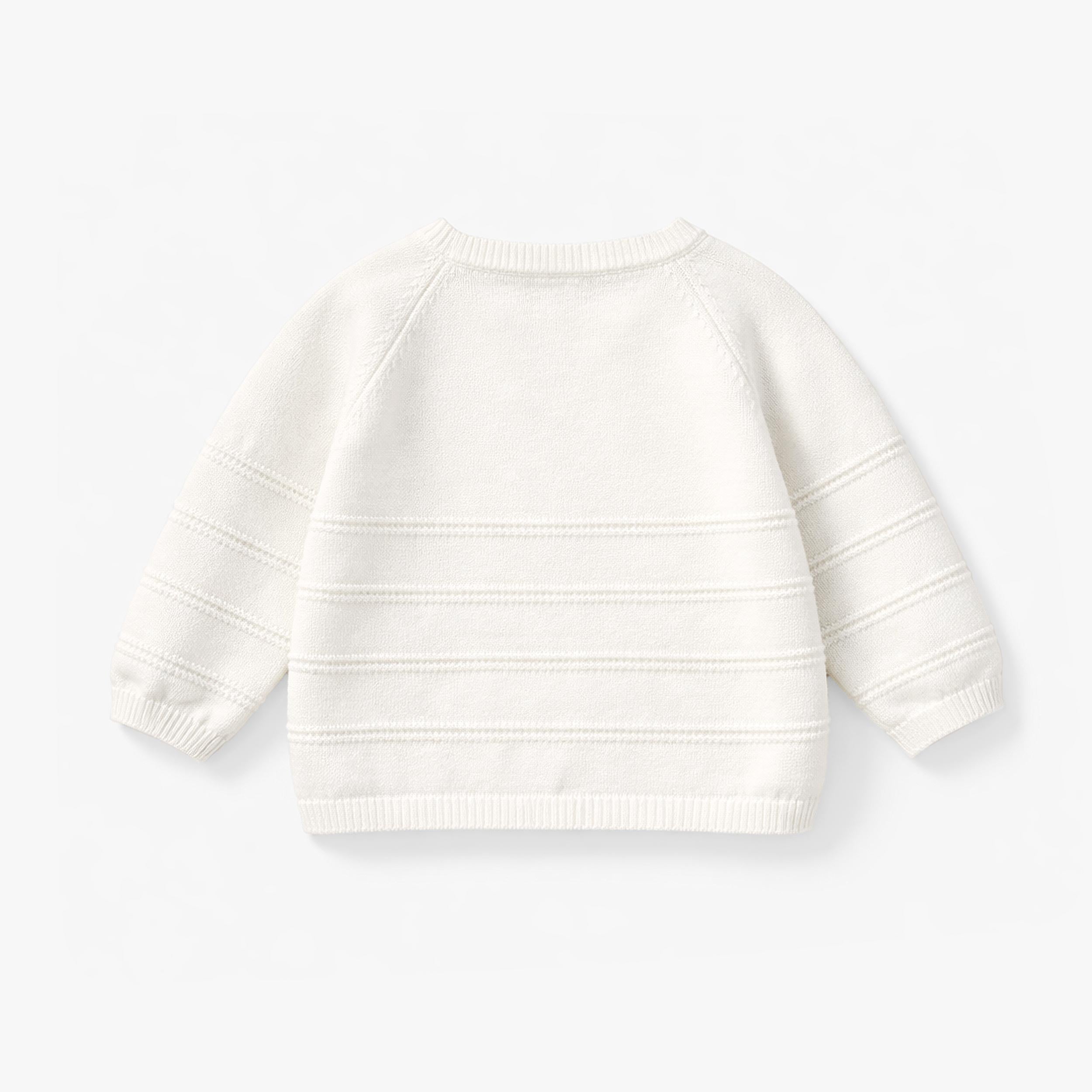 Dos du chandail crème en tricot avec rayures, naissance 