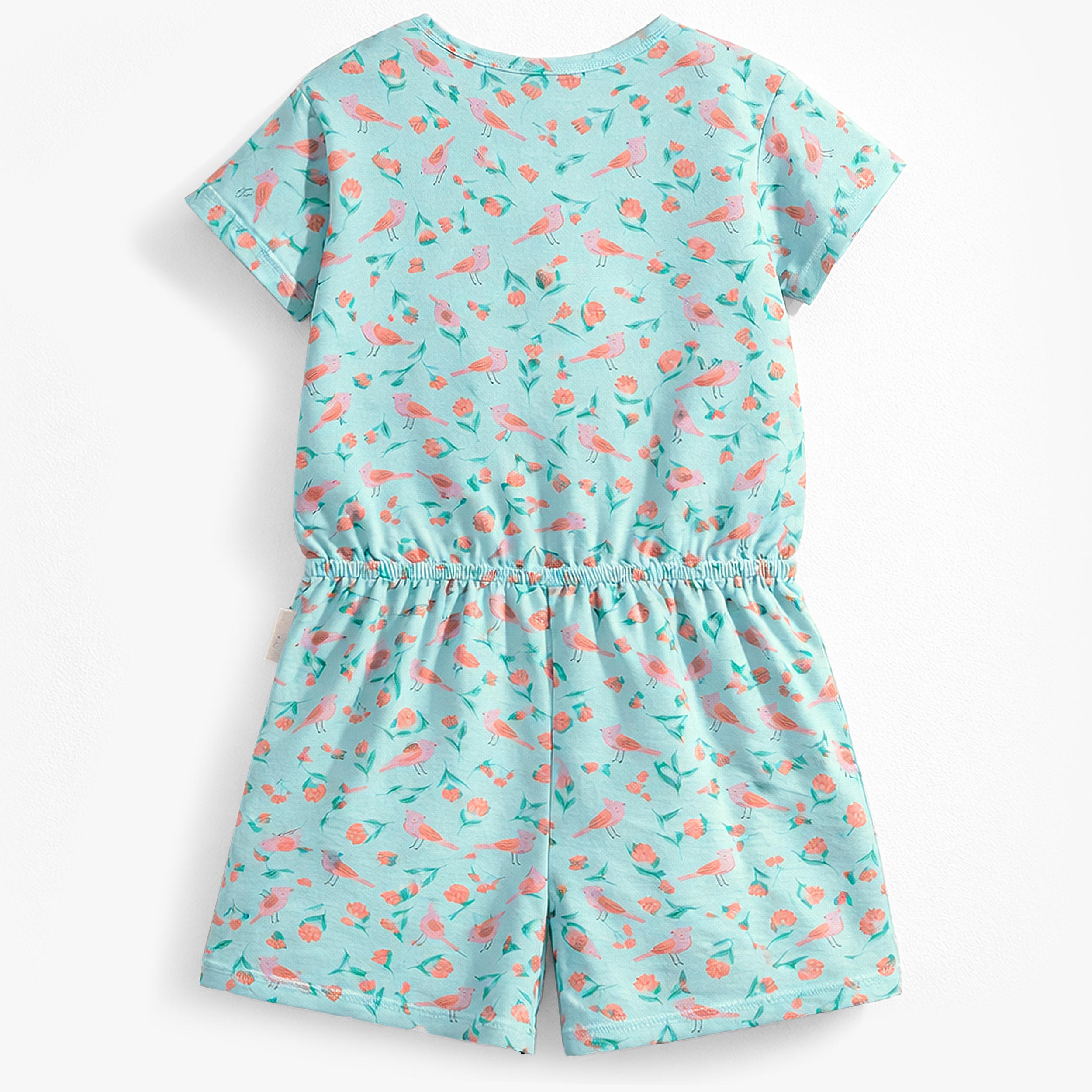 Dos du combishort turquoise à motifs de fleurs et d’oiseaux, enfant