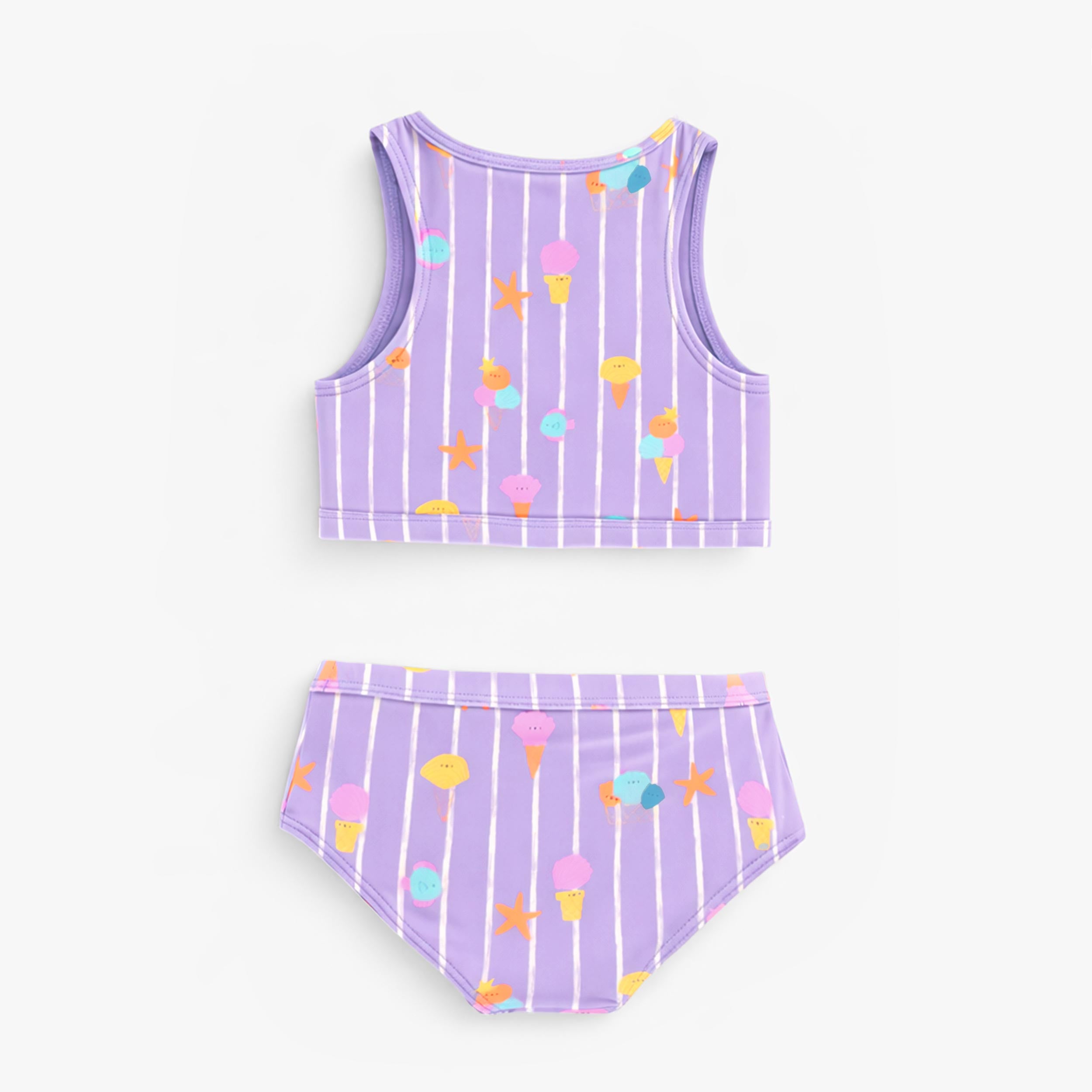 Dos du maillot de bain deux pièces mauve avec rayures et motifs, enfant 