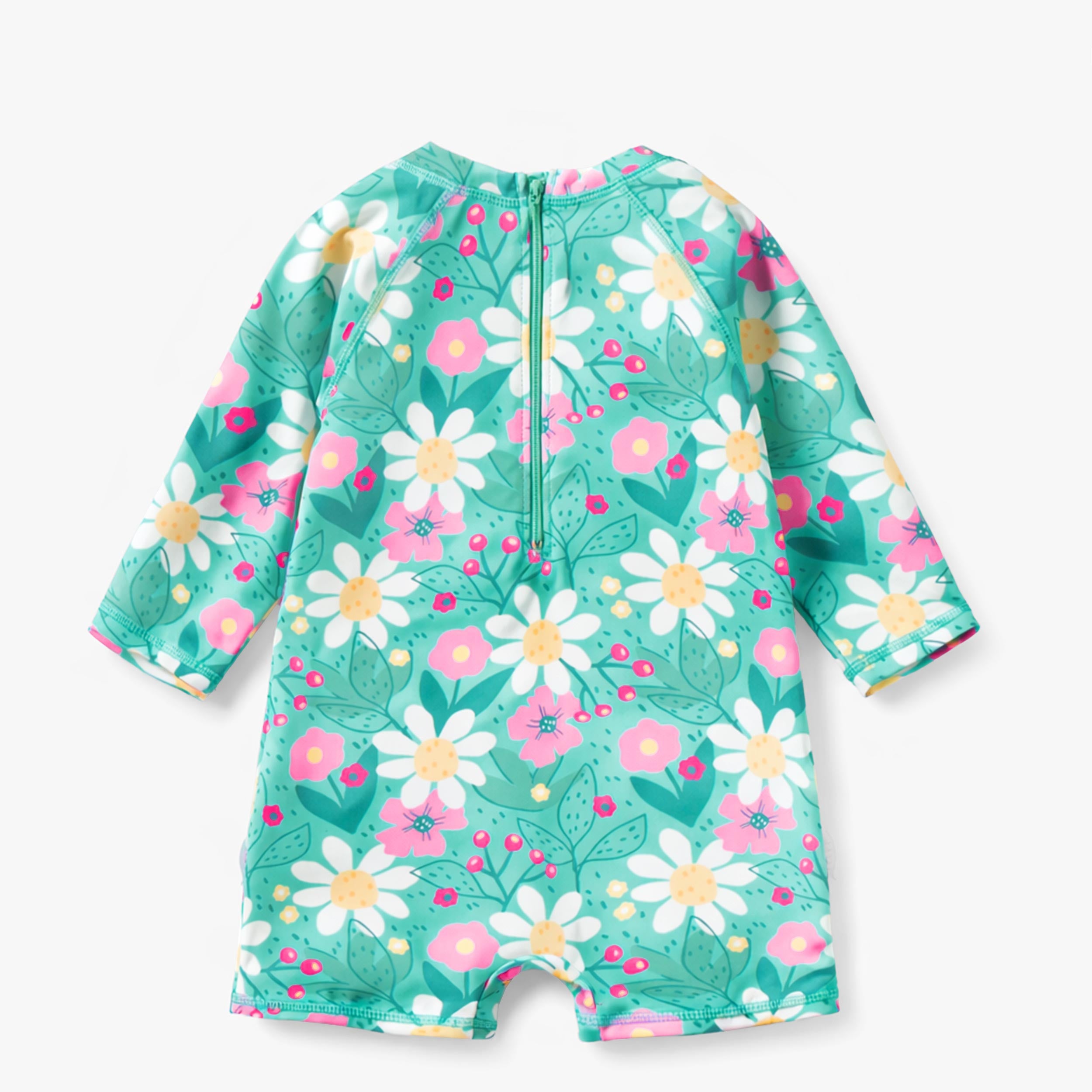 Dos du maillot de bain une pièce turquoise à motif floral, bébé 