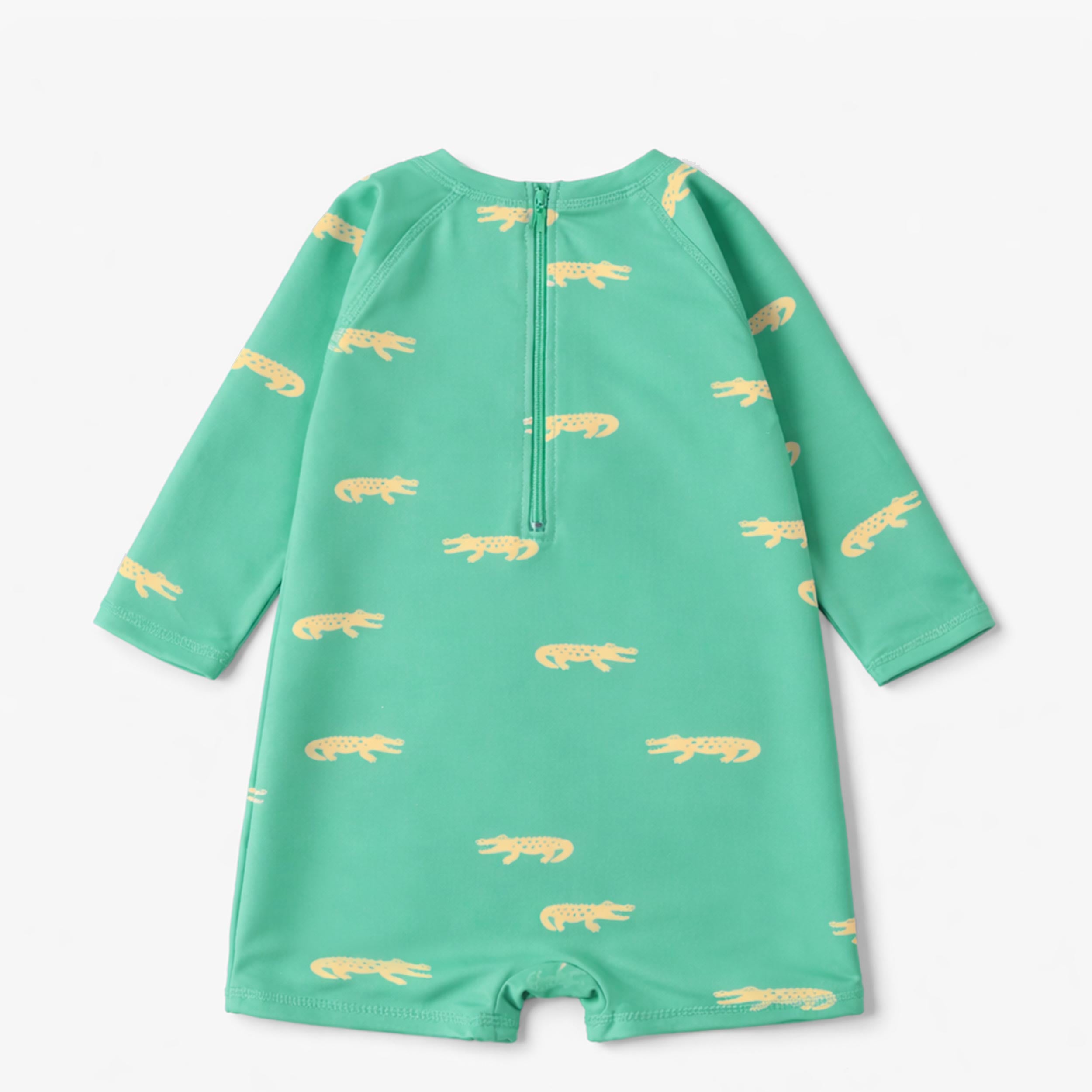 Dos du maillot de bain une pièce turquoise à motifs de crocodiles, bébé