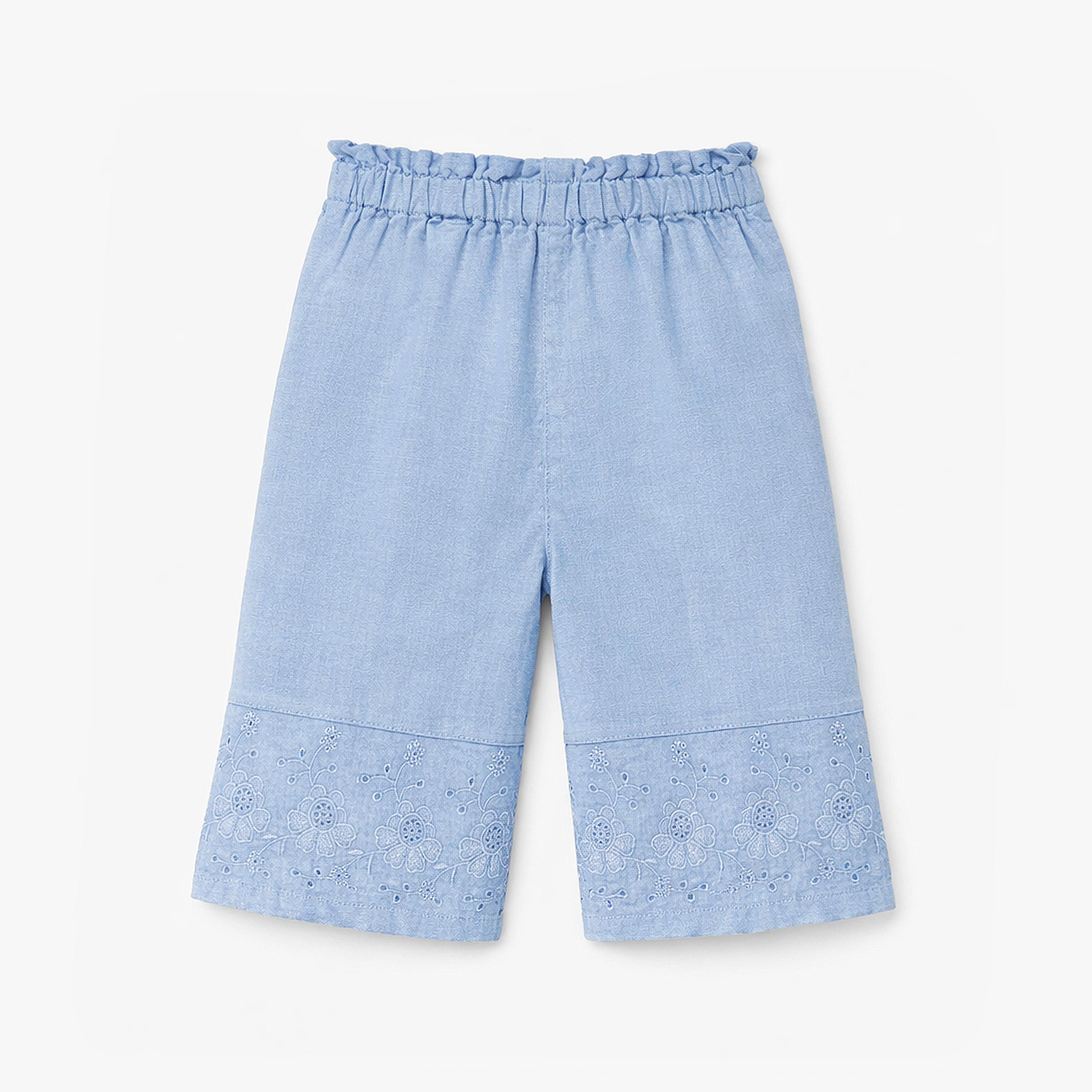 Dos du pantalon bleu avec broderie anglaise, bébé