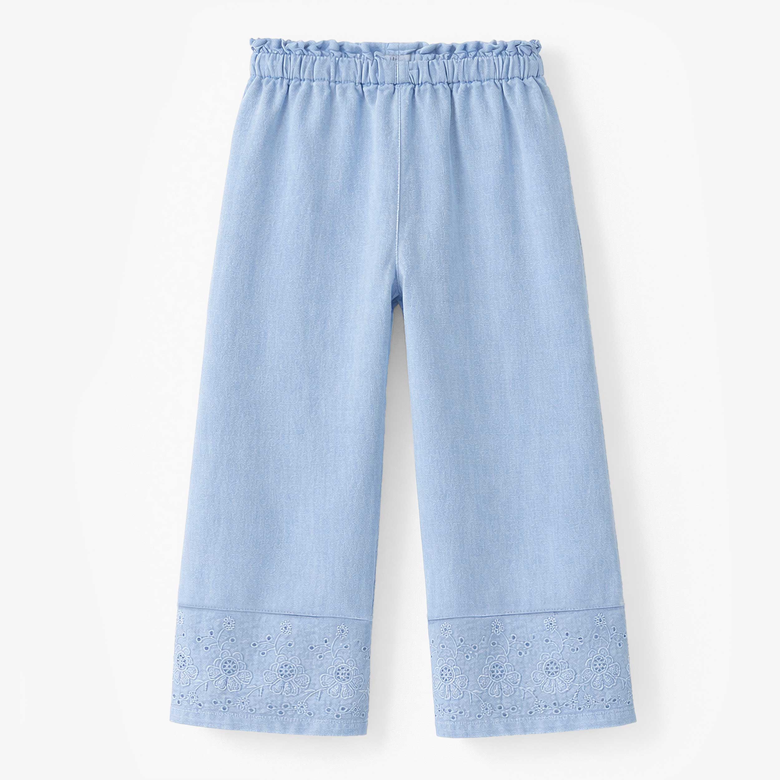 Dos du pantalon bleu avec broderie anglaise, enfant