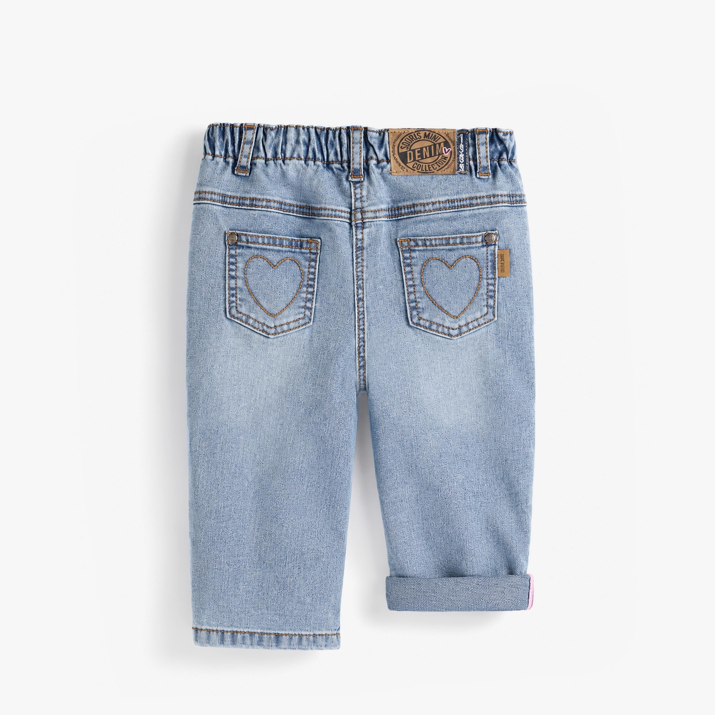 Dos du pantalon bleu en denim ultra extensible, bébé