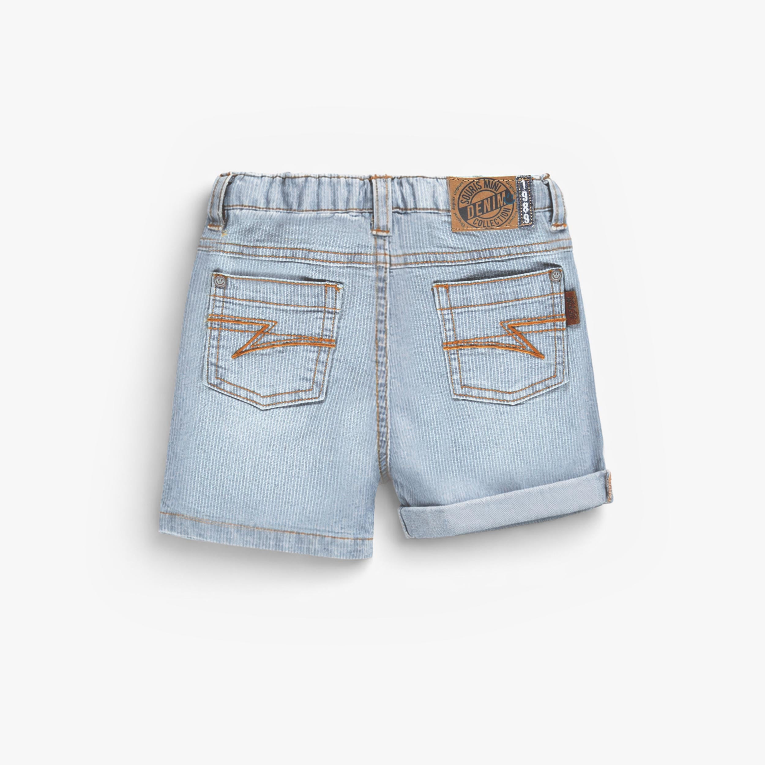 Dos du bermuda bleu pâle en denim à rayures, enfant 