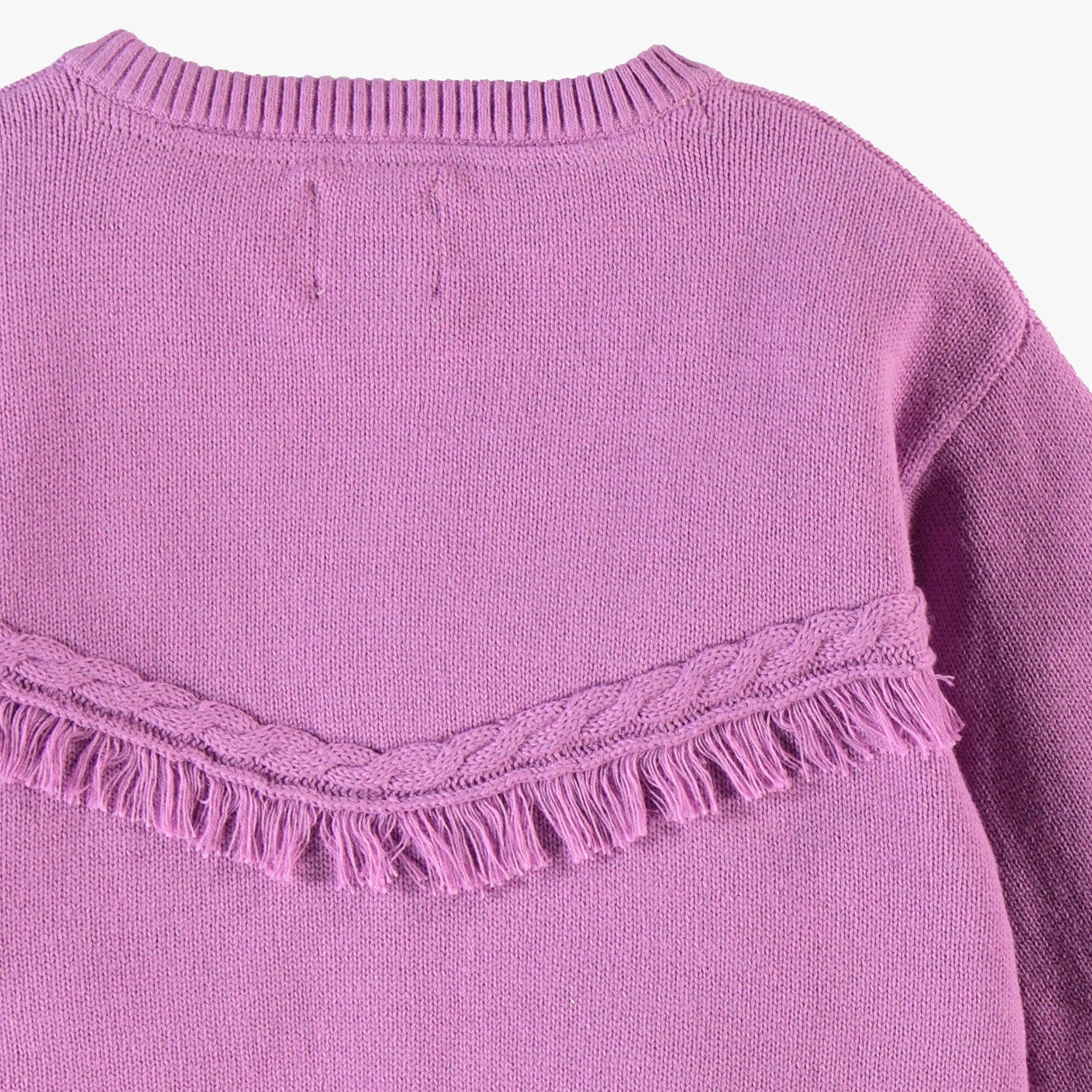 Dos du cardigan mauve en tricot à motifs d’étoiles, enfant