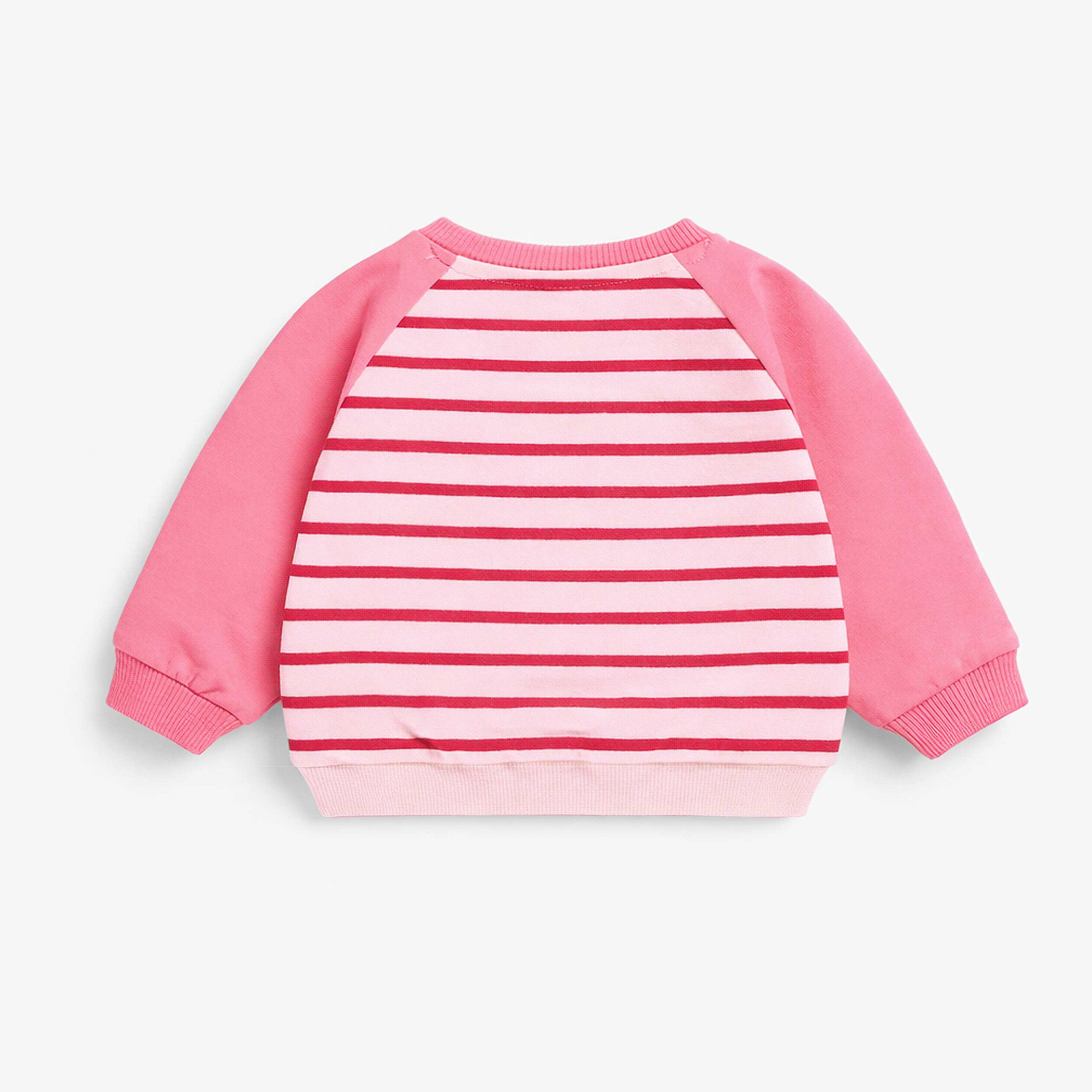 Dos du chandail rose et crème avec rayures et illustration, naissance