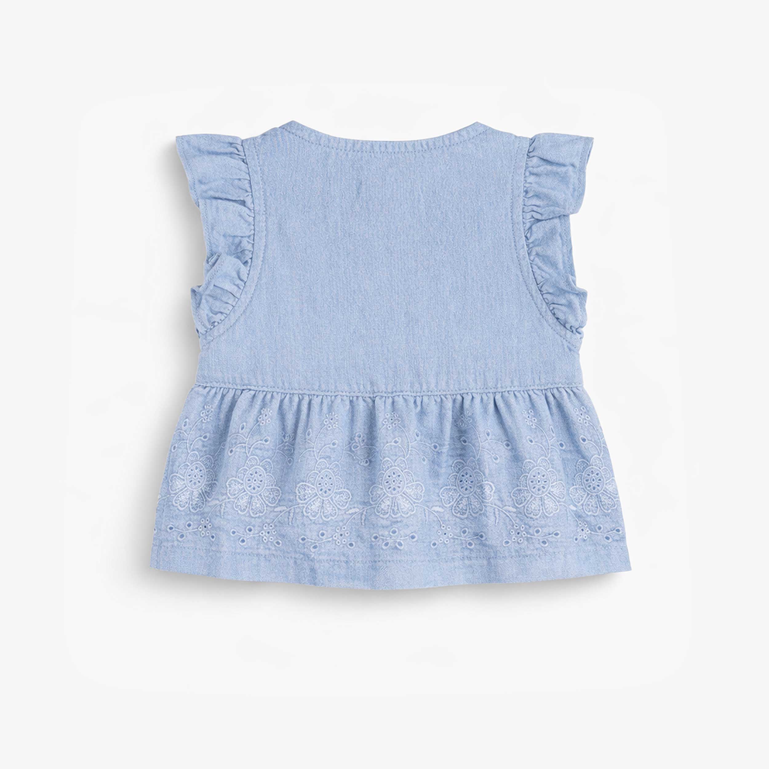 Dos de la blouse bleue avec broderie anglaise, bébé