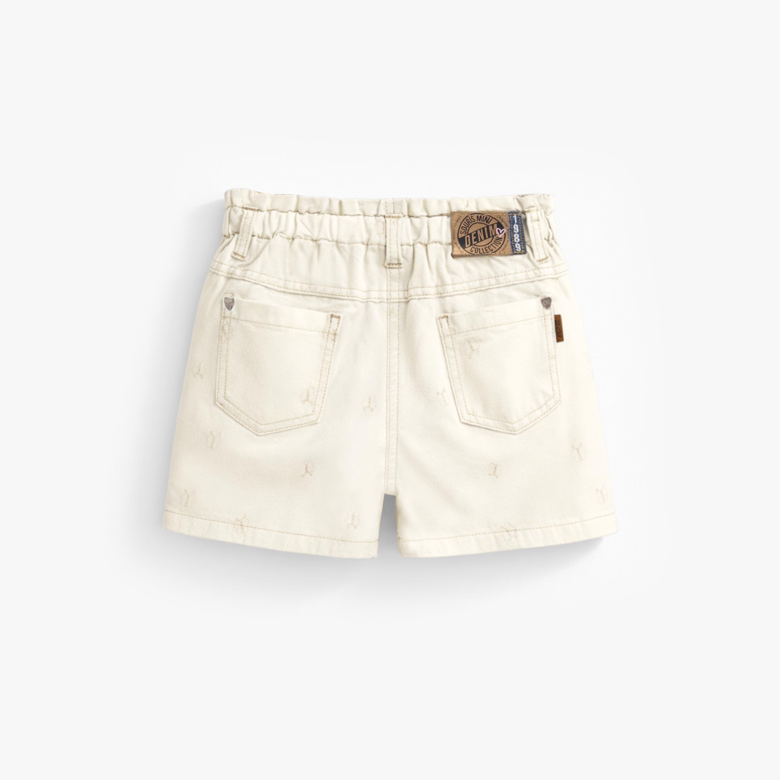 Dos du short crème en denim avec broderies de papillons, enfant 