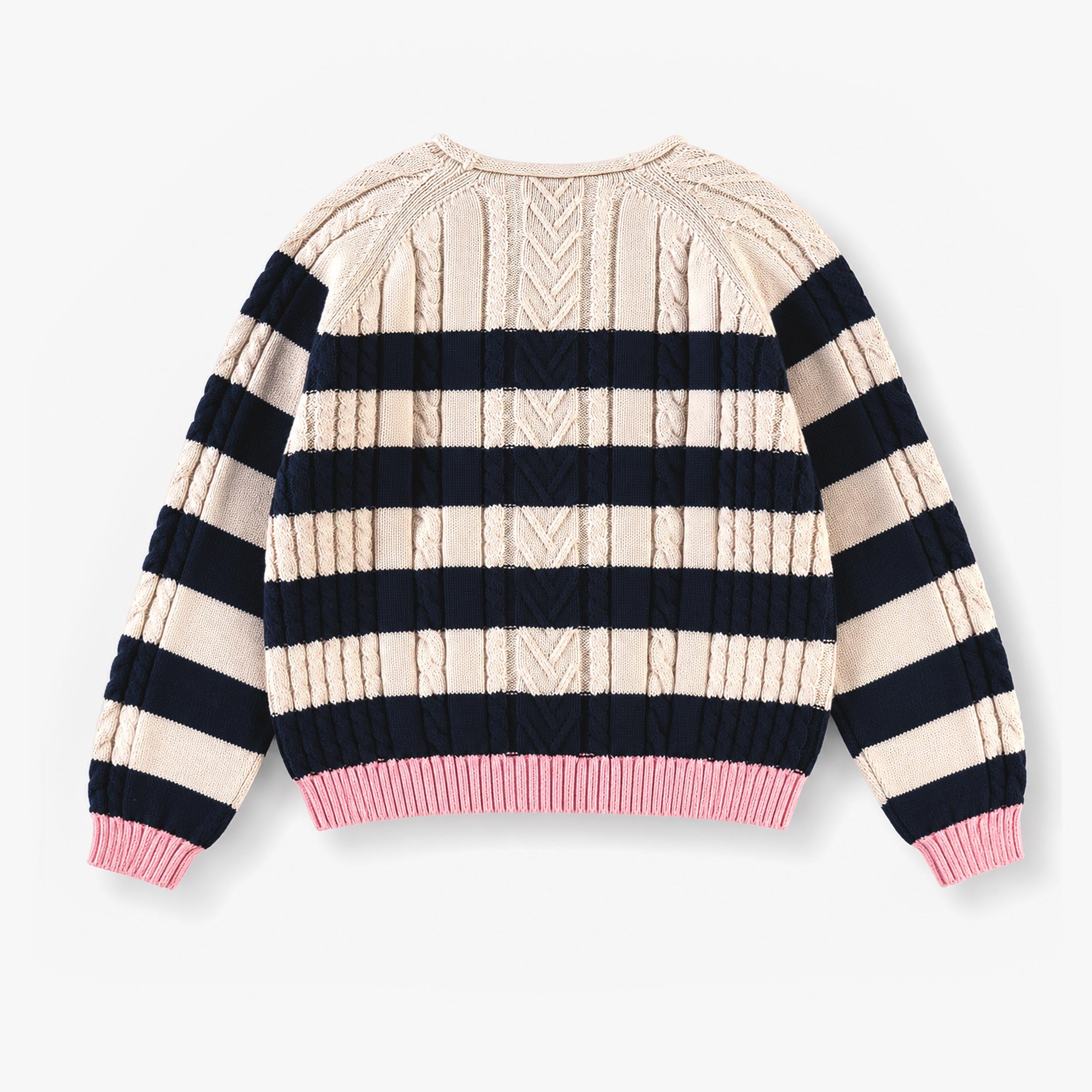 Dos du chandail de maille crème et bleu foncé à rayures, enfant