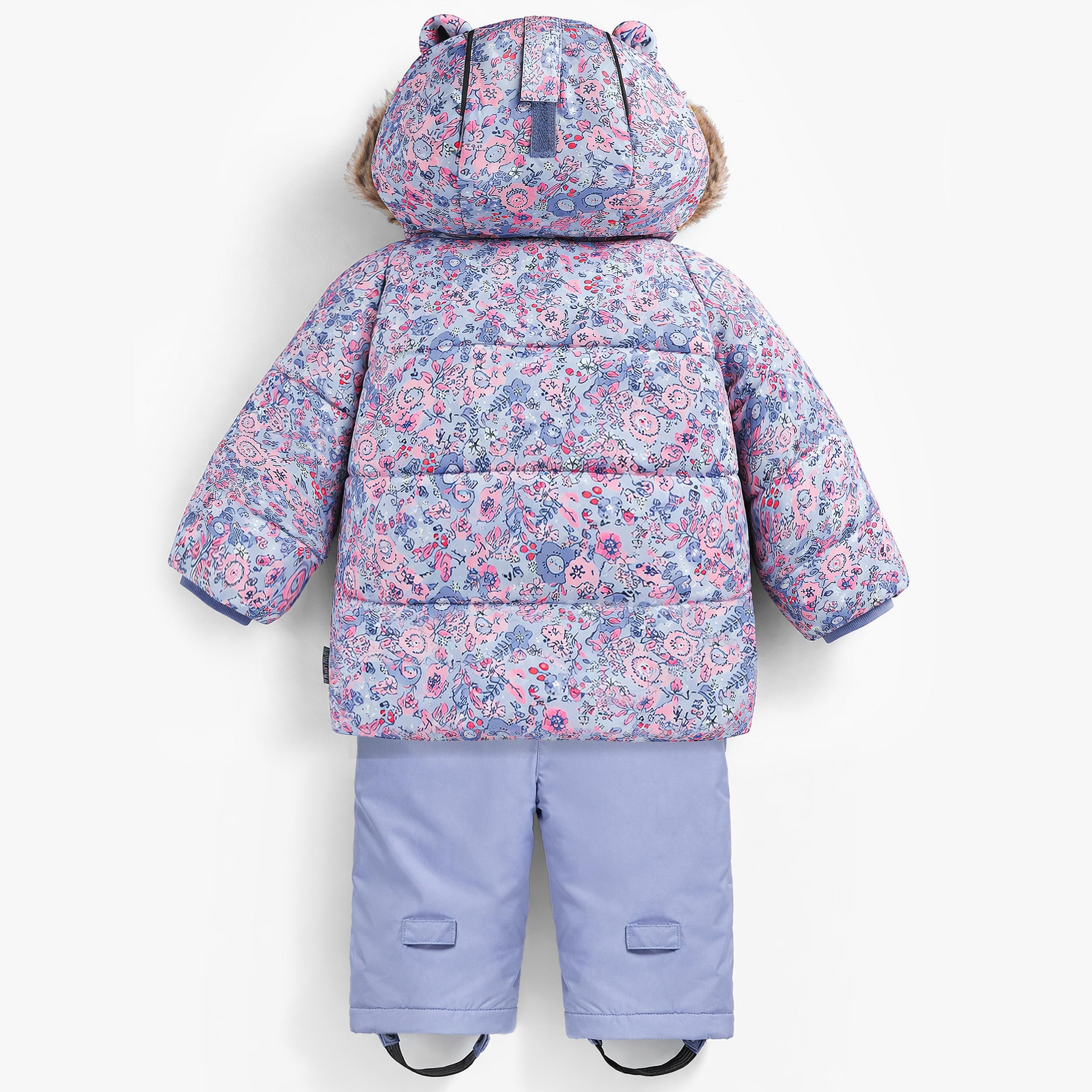 Dos de l'habit de neige deux pièces bleu à imprimé floral, bébé