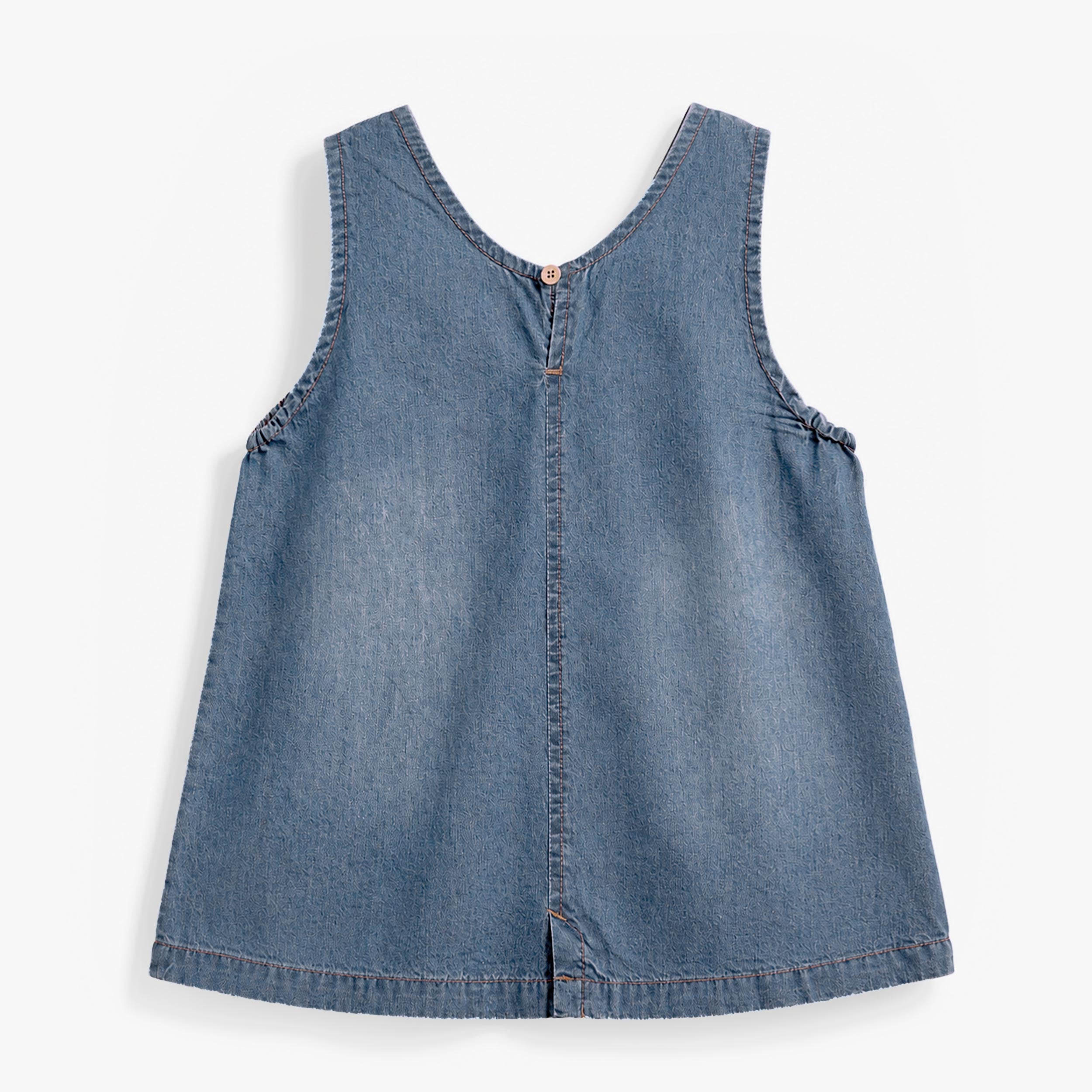 Dos de la robe jumper en denim bleu avec poches cœur, bébé 