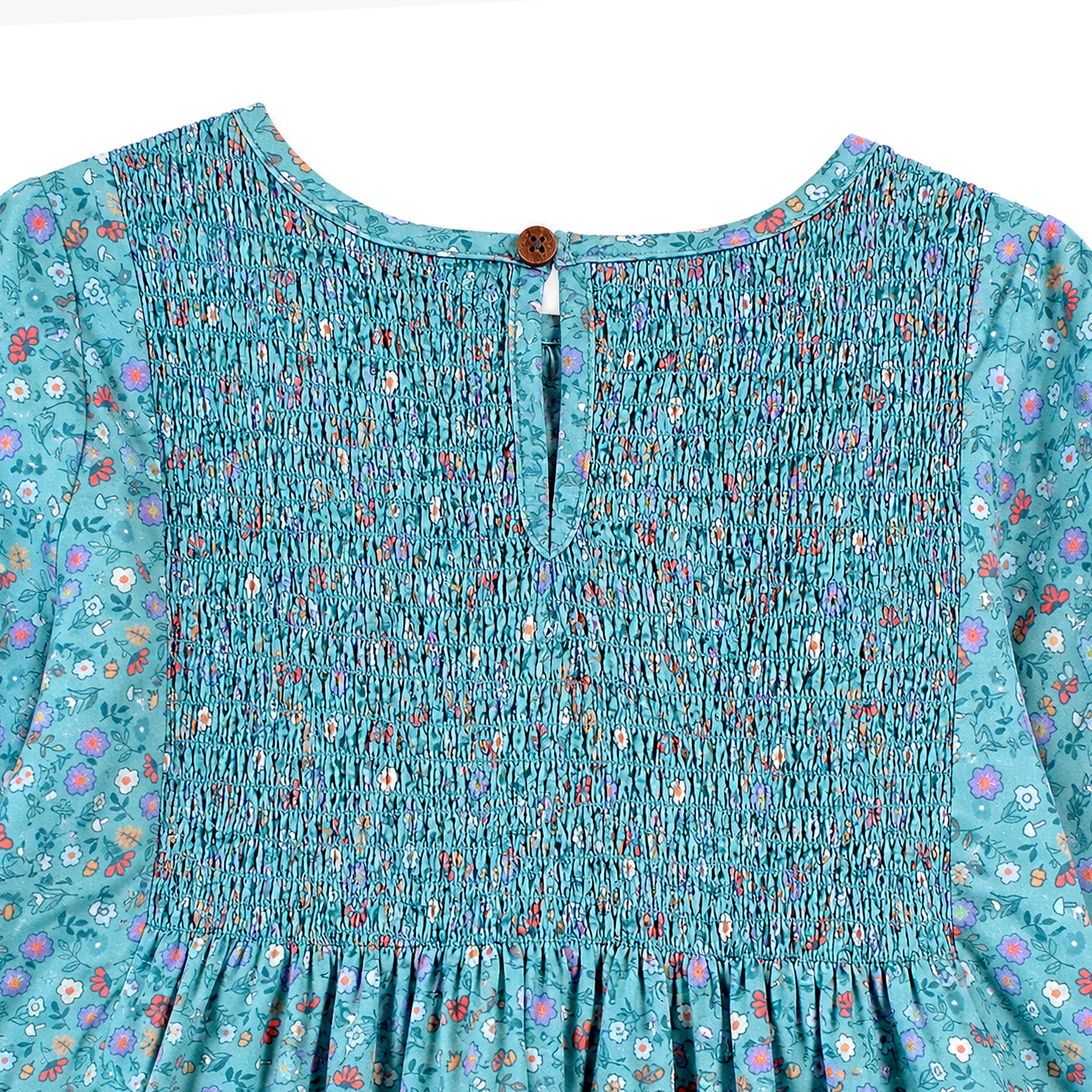 Dos de la robe bleue à imprimé floral, enfant