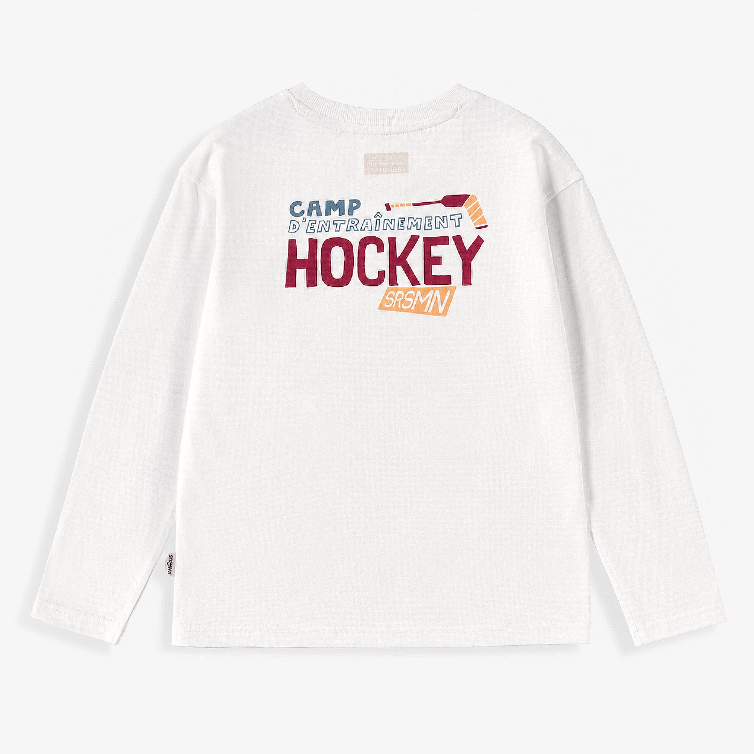 Dos du T-shirt crème avec illustration de hockey, enfant 