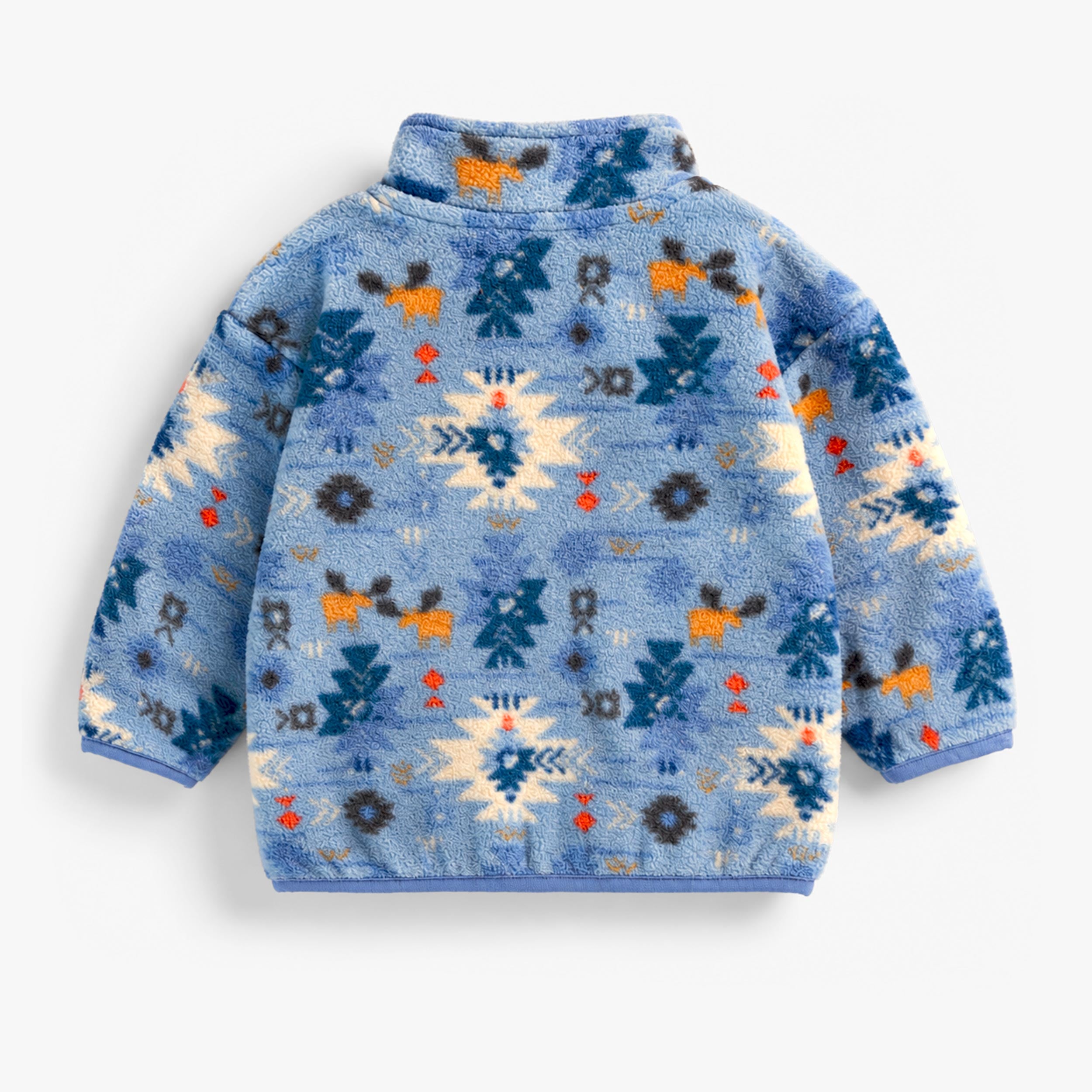 Dos de la veste bleue en polar à motifs pour bébé Souris Mini avec fermeture éclair, poche poitrine et poches latérales.