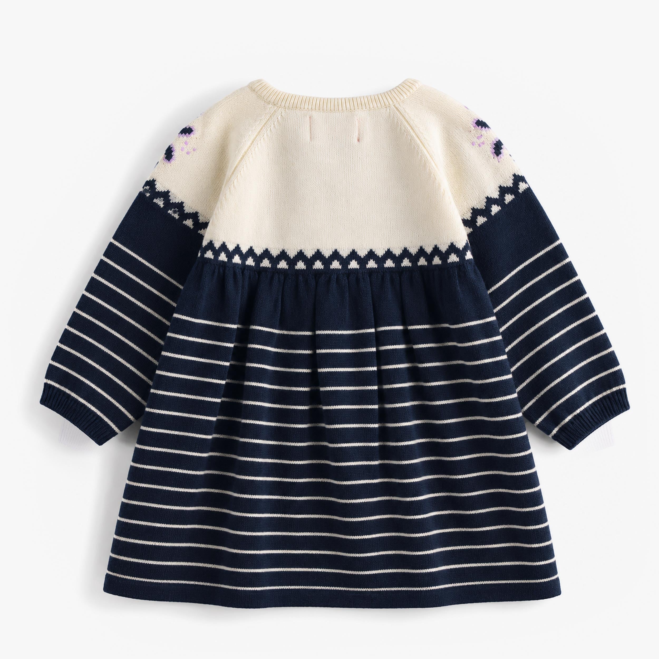 Dos de la robe crème et bleu foncé en tricot  à rayures, bébé 