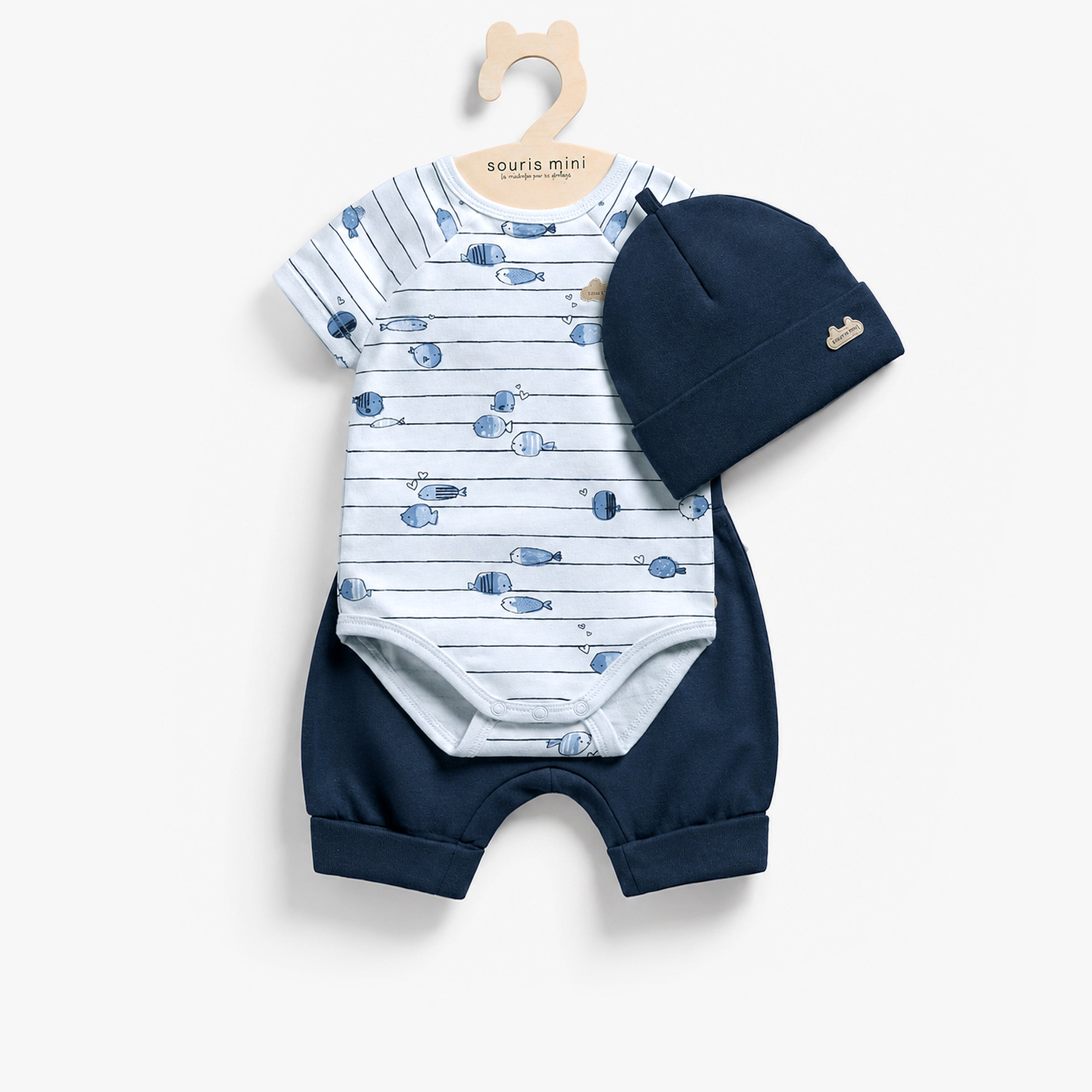 Ensemble trois pièces bleu à imprimé, bébé - Souris Mini