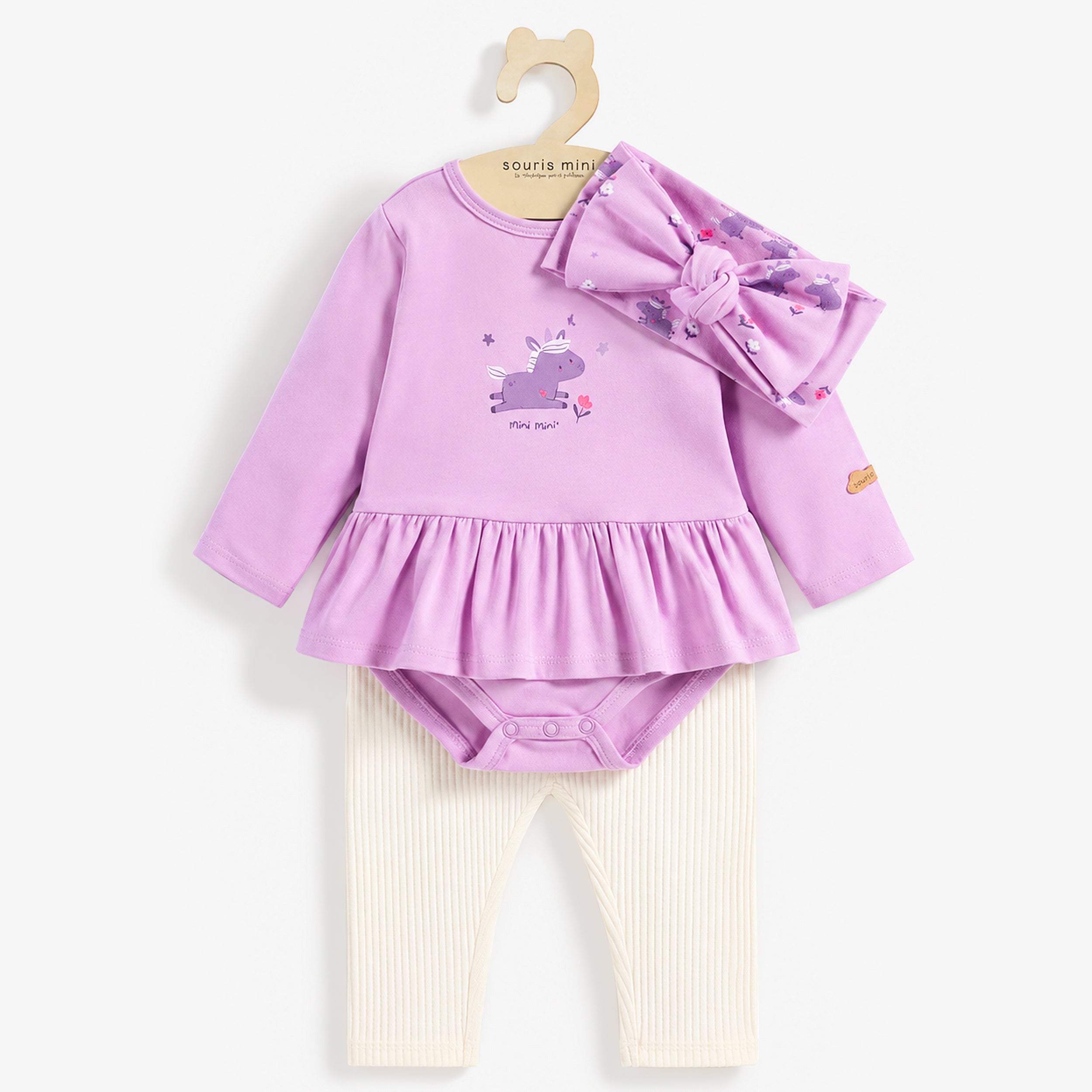 Ensemble trois pièces mauve et crème à motif, bébé fille - Souris Mini