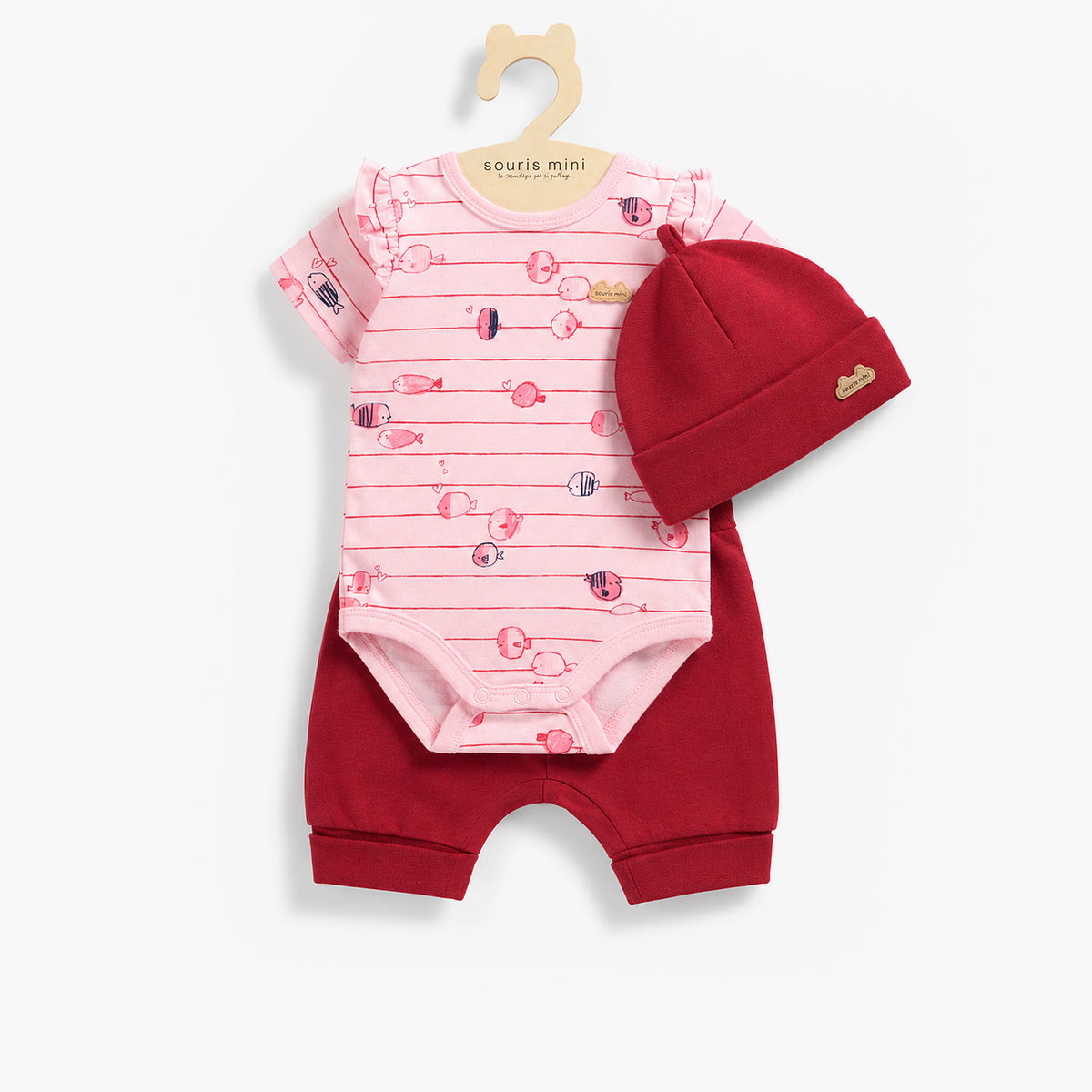 Ensemble trois pieces rose et rouge imprime, bebe fille - Souris Mini