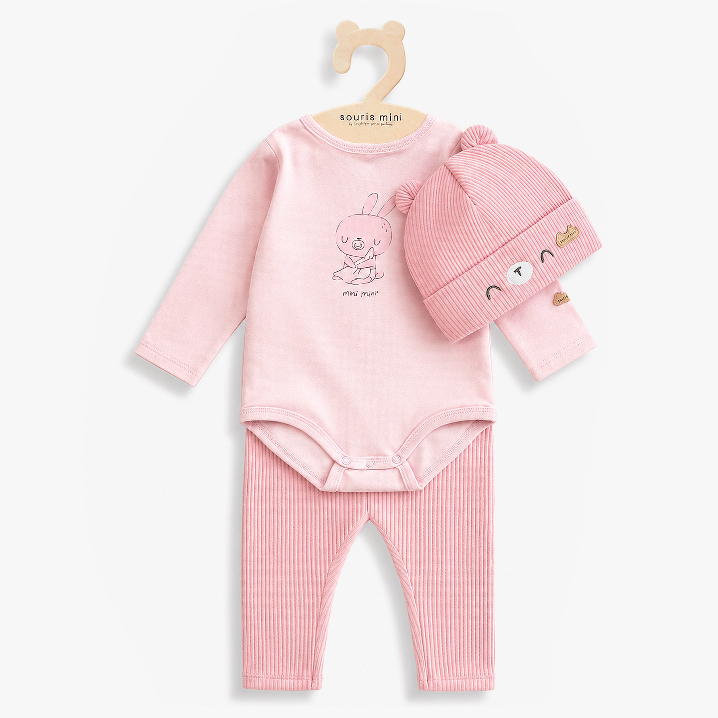 Ensemble trois pieces rose motif, bebe fille - Souris MIni