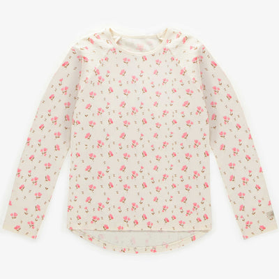 Haut de pyjama crème avec un motif fleuri rose en jersey crêpé, adulte || Cream pajama top with a pink floral print in crinkle jersey, adult