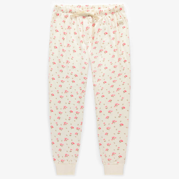 Pantalon de pyjama crème avec un motif fleuri rose en jersey crêpé, adulte || Cream pajama pants with a pink floral print in crinkle jersey, adult