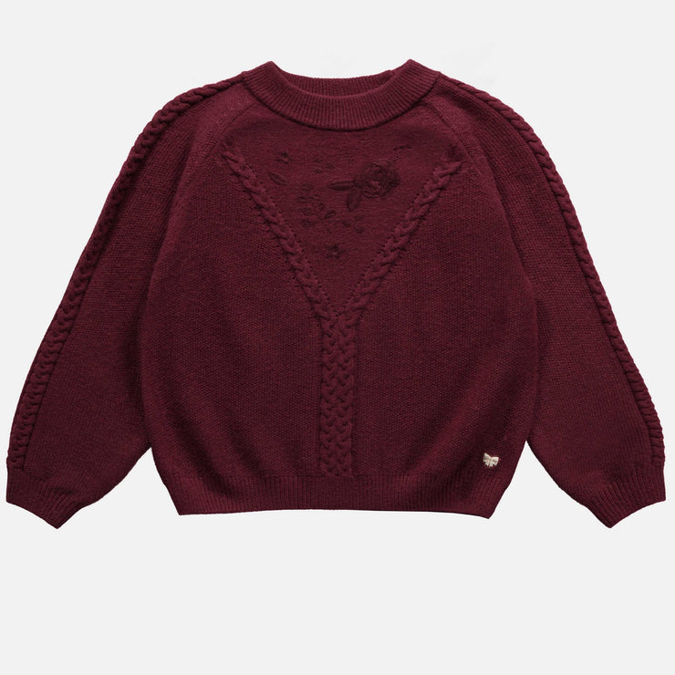 Chandail de maille bourgogne avec broderie et motif tressé, adulte || Long sleeves burgundy sweater with embroideries and braided pattern, adult