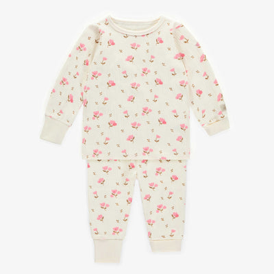 Pyjama crème avec un motif fleuri rose en jersey crêpé, bébé || Cream pajama with a floral print in crinkle jersey, baby