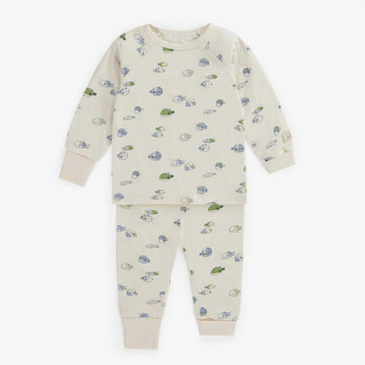 Pyjama crème avec poissons bleus et verts en coton, bébé || Cream pajama with blue and green fish print in cotton, baby