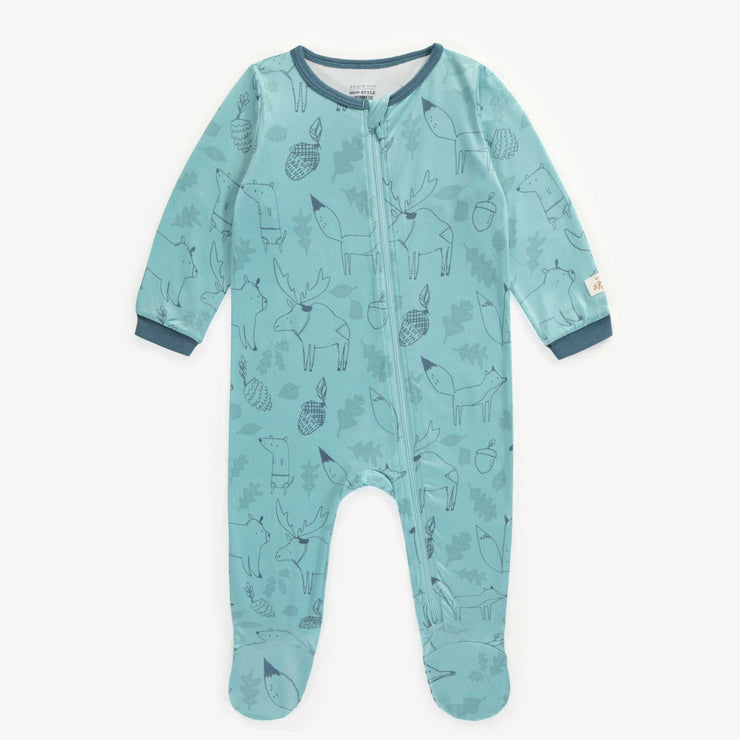Pyjama une-pièce turquoise à motif ton-sur-ton en polyester, bébé || Turquoise one-piece pajama with tone on tone print in polyester, baby
