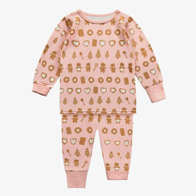 Pyjama deux-pièces rose à motif gourmand de biscuits en jersey extensible, bébé || Pink two-pieces pajama with an all over print of delicious cookies in stretch jersey baby
