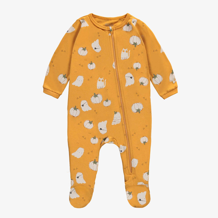 Pyjama une-pièce orange dans la thématique de l’Halloween en polyester, bébé || One-piece orange pajama in the theme of Halloween in polyester, baby