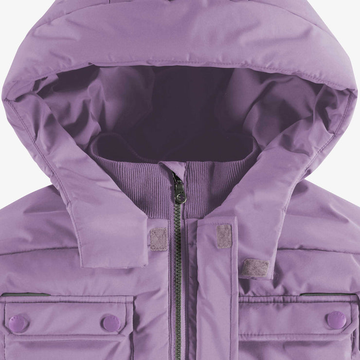 Manteau doudoune mauve à col montant avec capuchon en nylon, bébé || Purple puffer coat with high collar and hood in nylon, baby