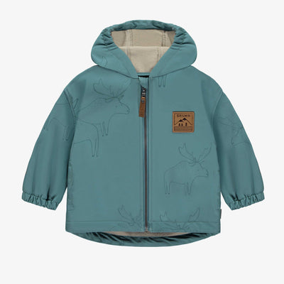 Manteau turquoise à motif d'animaux avec capuchon en coquille souple, bébé || Turquoise hooded coat with animal print in soft shell, baby