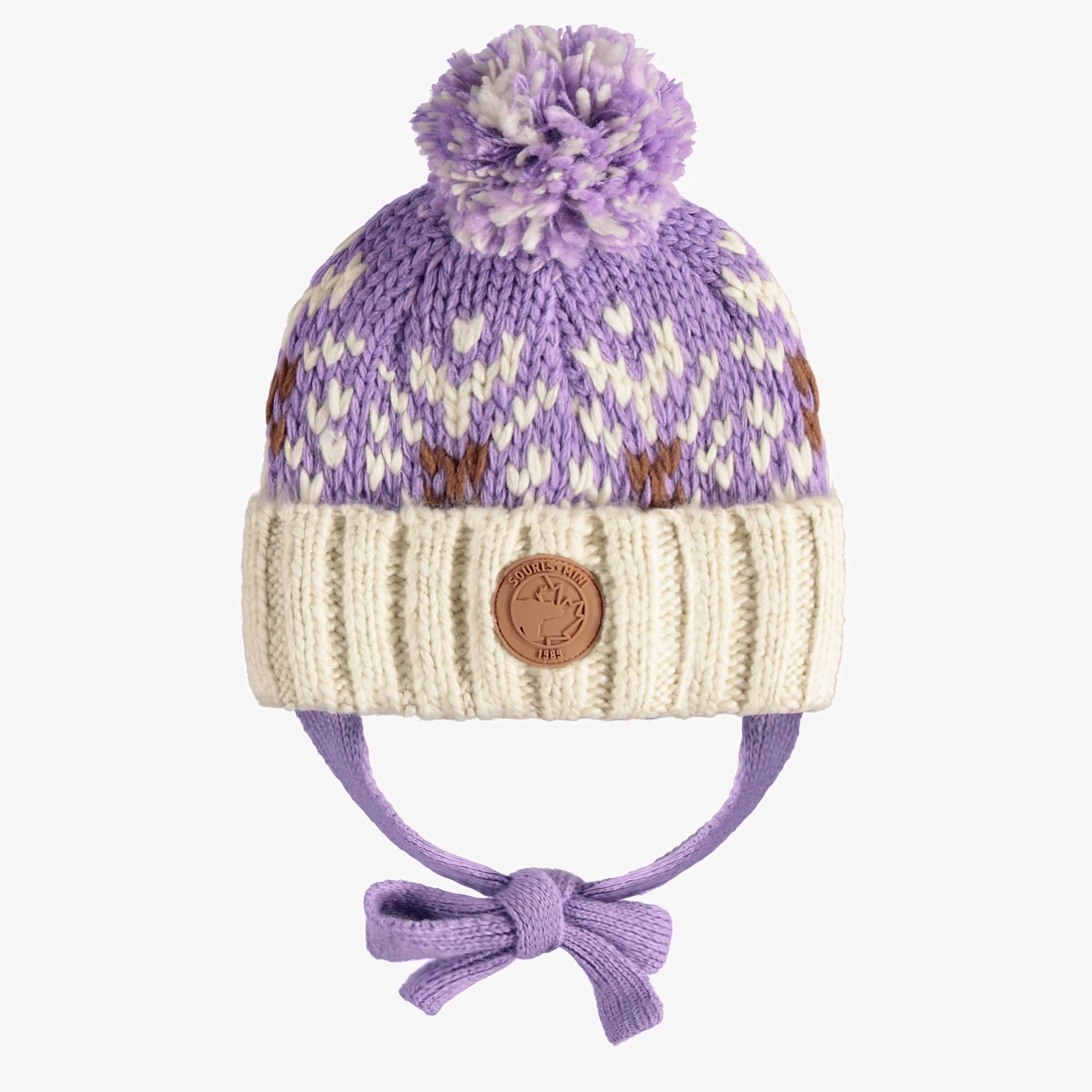 Purple and cream knitted toque with a jacquard print and a pompon, baby
