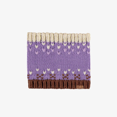 Cache-cou de maille mauve et crème à motif jacquard, bébé || Purple and cream knitted neck warmer with a jacquard print, baby